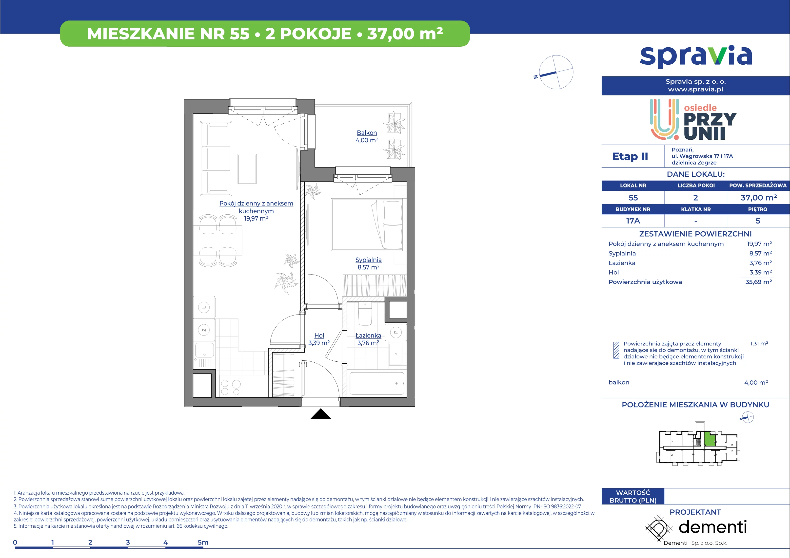 Mieszkanie 37,00 m², piętro 5, oferta nr 17A_55, Przy Unii II, Poznań, Starołęka-Minikowo-Marlewo, Nowe Miasto, ul. Wagrowska 17 i 17A