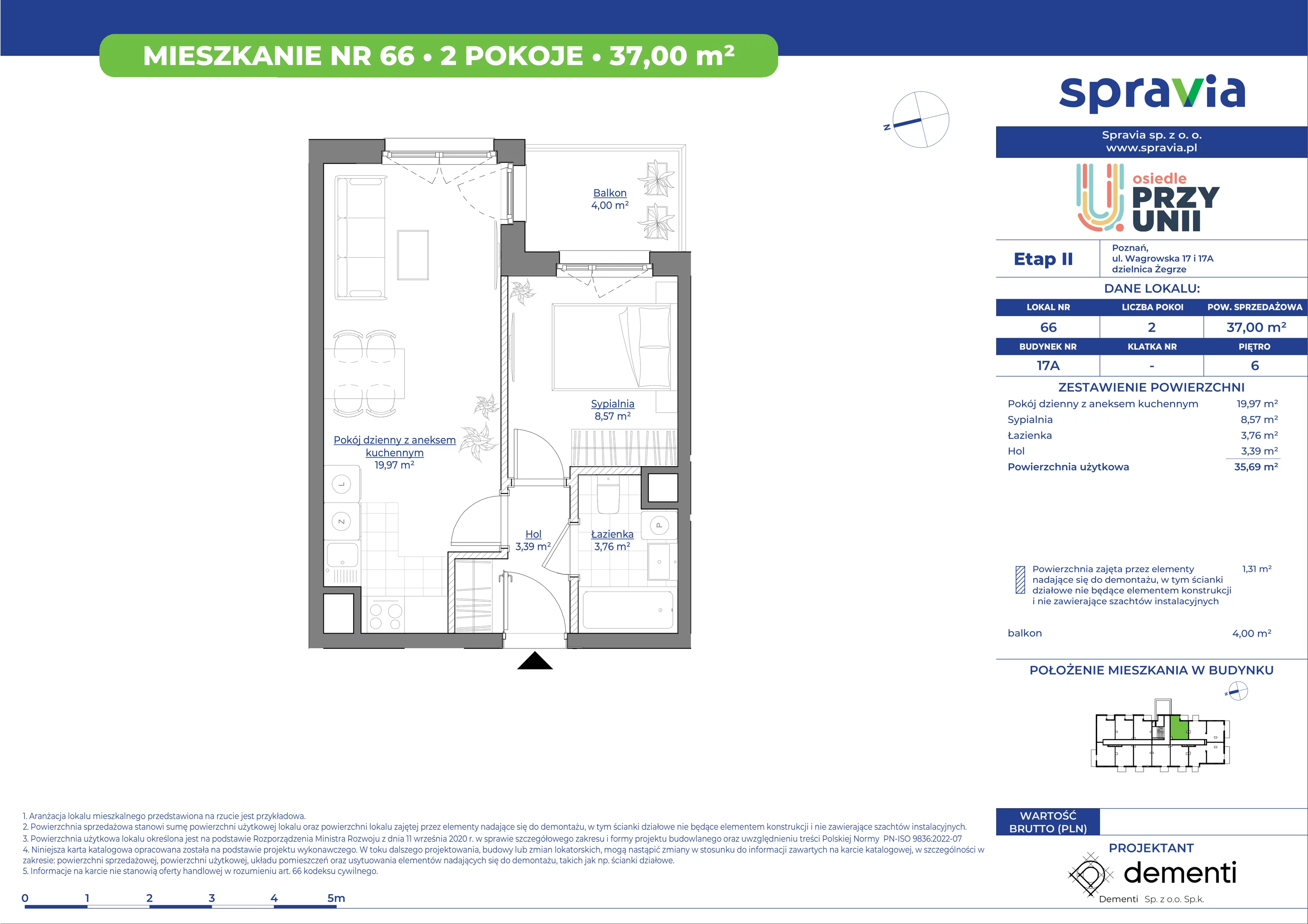 Mieszkanie 37,00 m², piętro 6, oferta nr 17A_66, Przy Unii II, Poznań, Starołęka-Minikowo-Marlewo, Nowe Miasto, ul. Wagrowska 17 i 17A