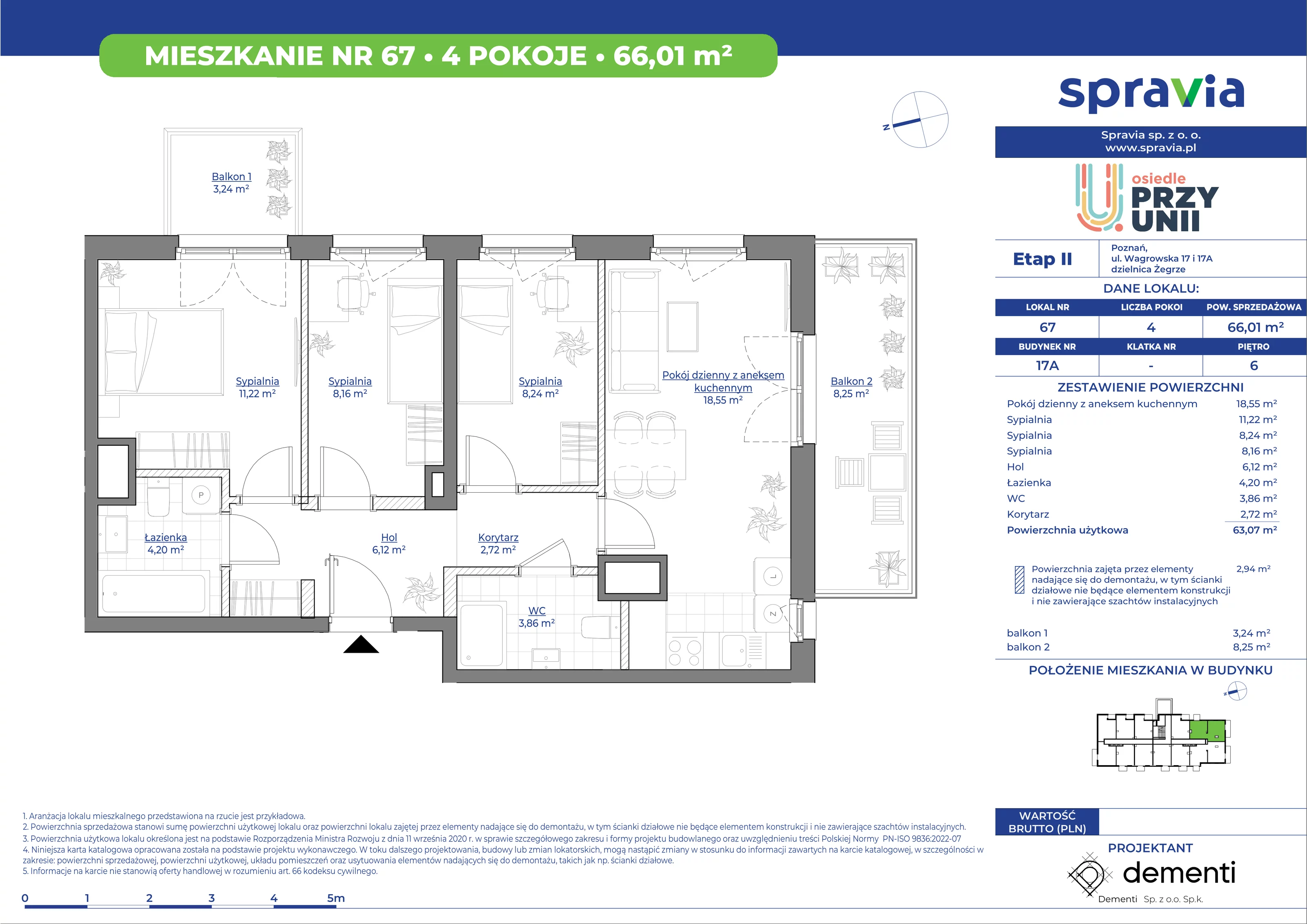 Mieszkanie 66,01 m², piętro 6, oferta nr 17A_67, Przy Unii II, Poznań, Starołęka-Minikowo-Marlewo, Nowe Miasto, ul. Wagrowska 17 i 17A