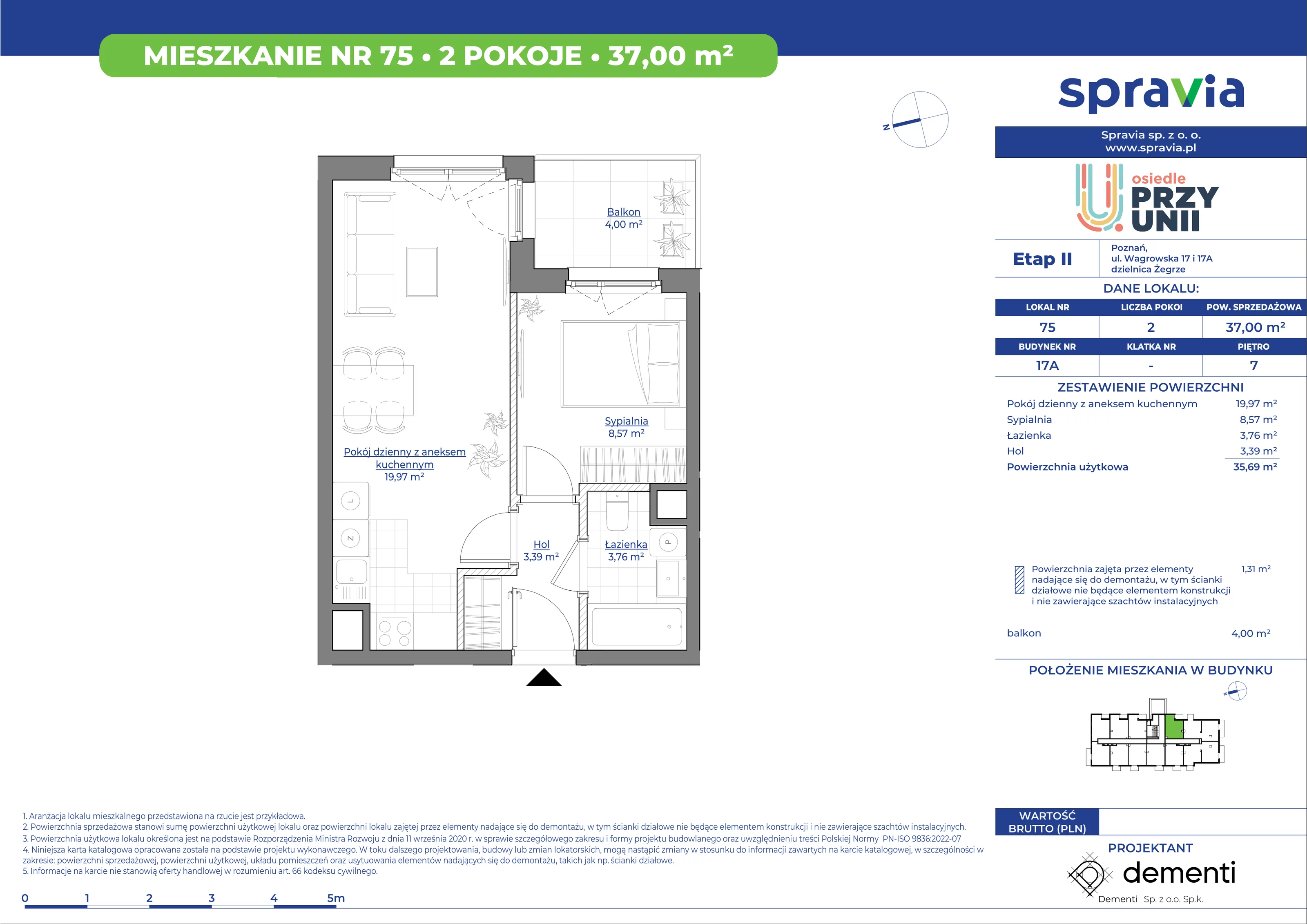 Mieszkanie 37,00 m², piętro 7, oferta nr 17A_75, Przy Unii II, Poznań, Starołęka-Minikowo-Marlewo, Nowe Miasto, ul. Wagrowska 17 i 17A