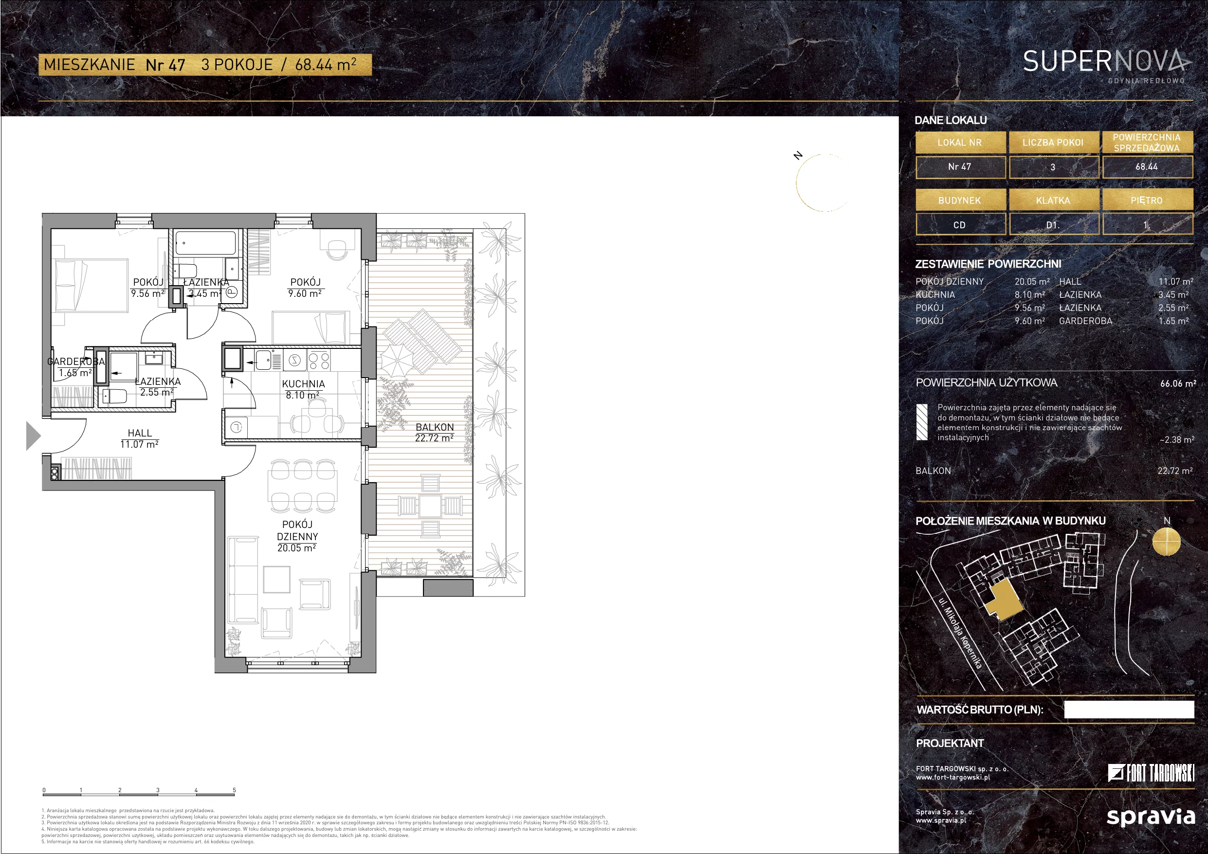 Mieszkanie 68,44 m², piętro 1, oferta nr 47, Apartamenty Supernova, Gdynia, Redłowo, Redłowo, ul. Kopernika 139