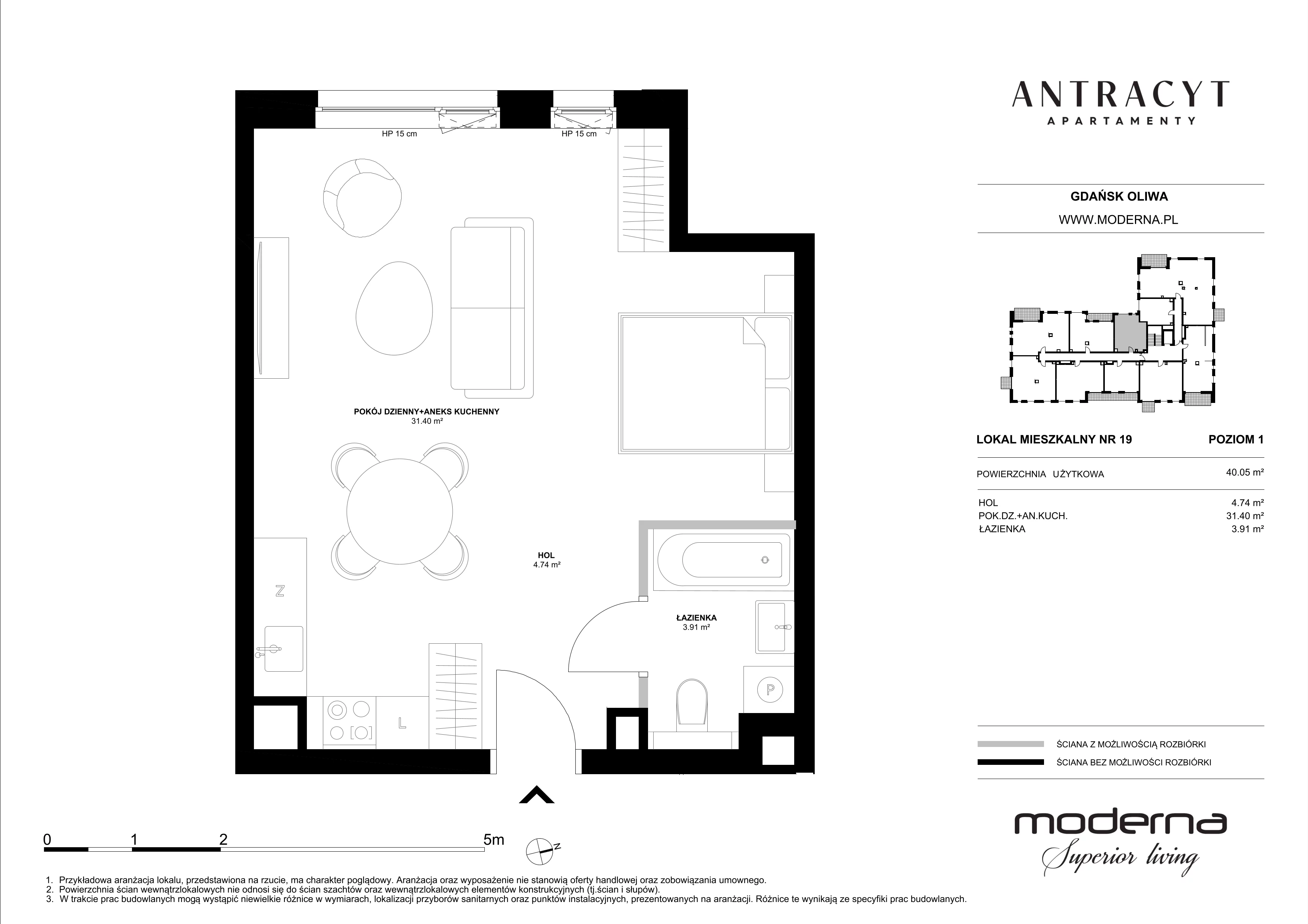 1 pokój, mieszkanie 40,05 m², piętro 1, oferta nr 19, Antracyt, Gdańsk, Oliwa, ul. Czyżewskiego 31A