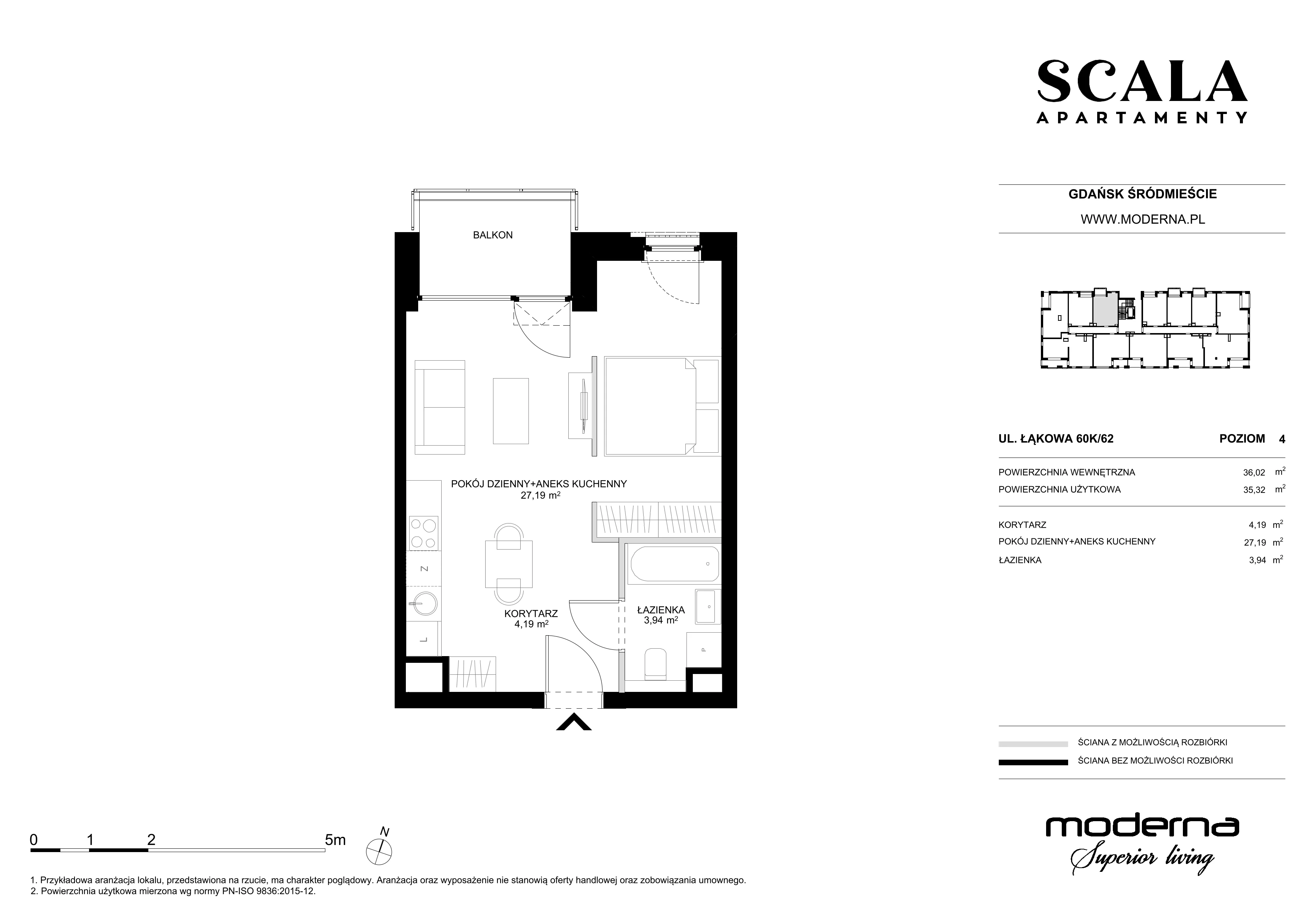 1 pokój, mieszkanie 35,32 m², piętro 4, oferta nr K-62 (C), Scala, Gdańsk, Śródmieście, ul. Łąkowa 60C