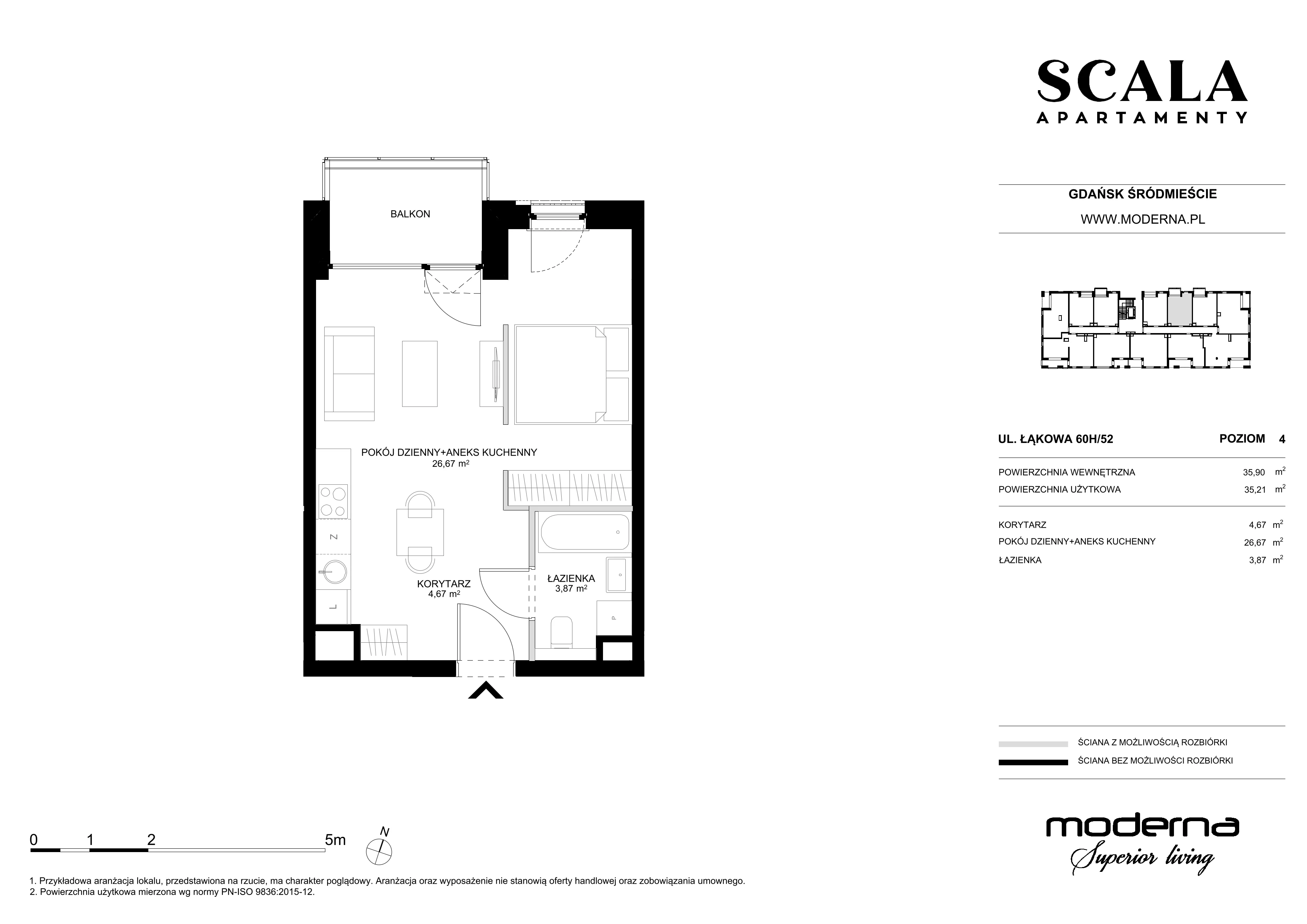 1 pokój, mieszkanie 35,21 m², piętro 4, oferta nr H-52 (N), Scala, Gdańsk, Śródmieście, ul. Łąkowa 60C