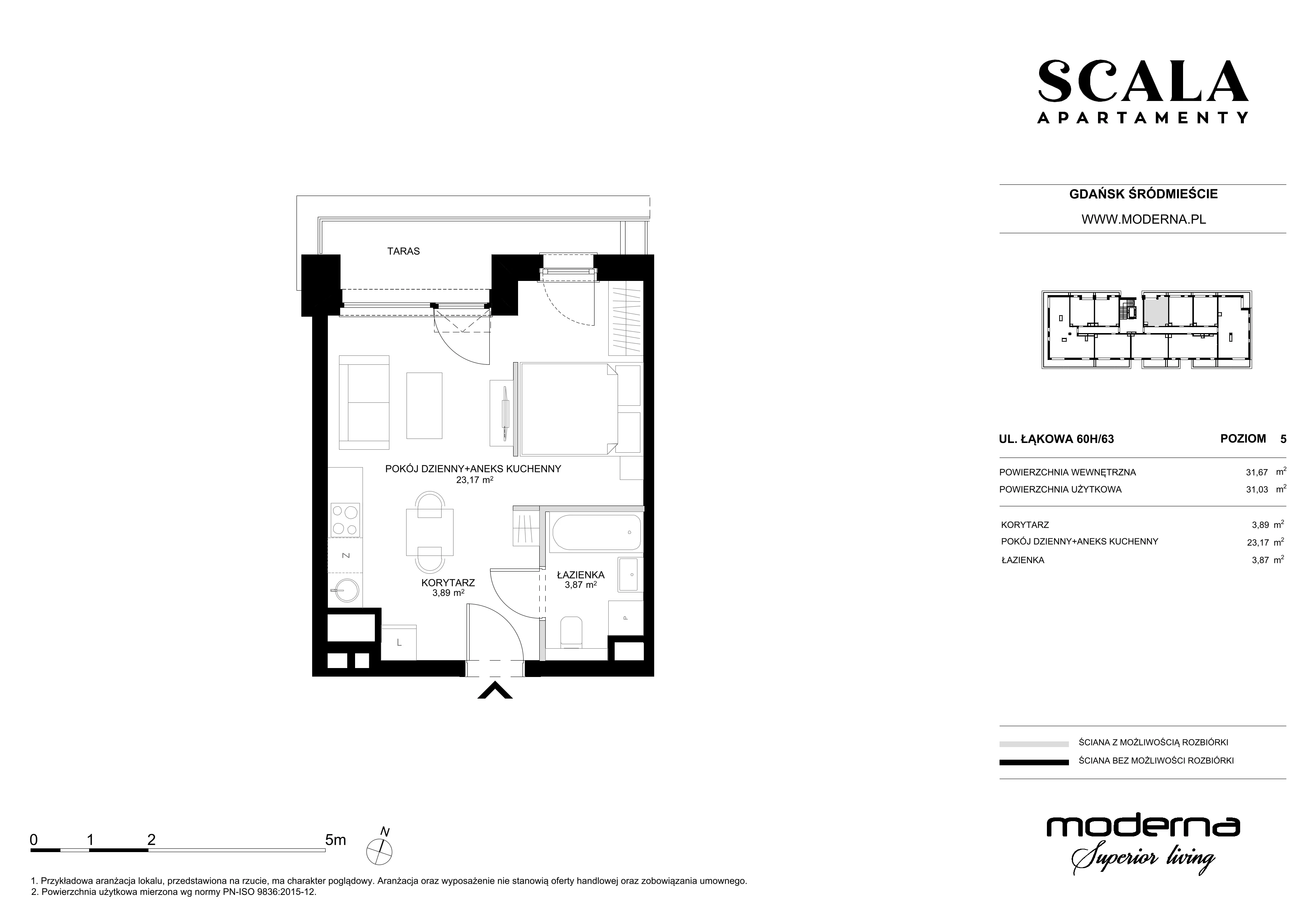 1 pokój, apartament 31,03 m², piętro 5, oferta nr H-63 (C), Scala, Gdańsk, Śródmieście, ul. Łąkowa 60C