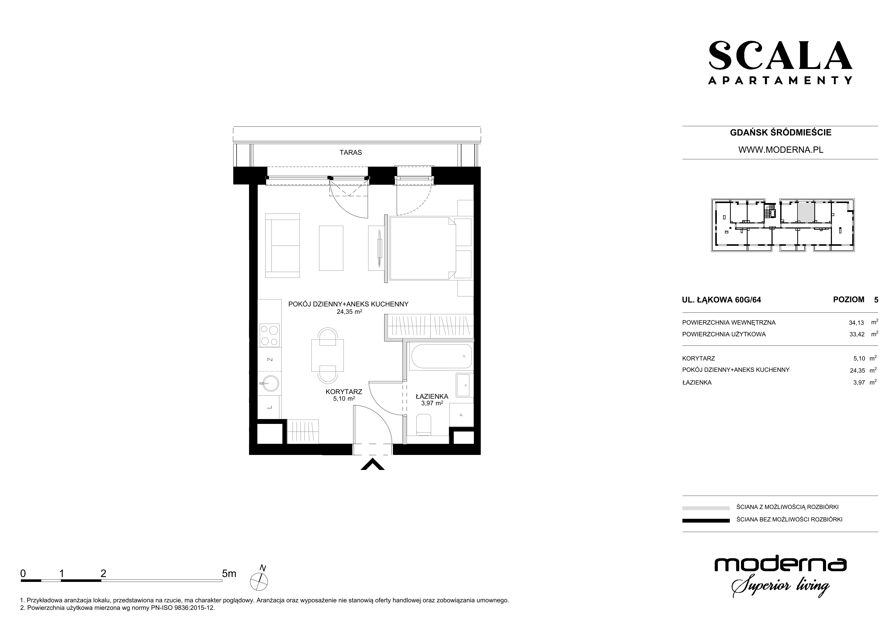 1 pokój, apartament 33,42 m², piętro 5, oferta nr G-64 (E), Scala, Gdańsk, Śródmieście, ul. Łąkowa 60C