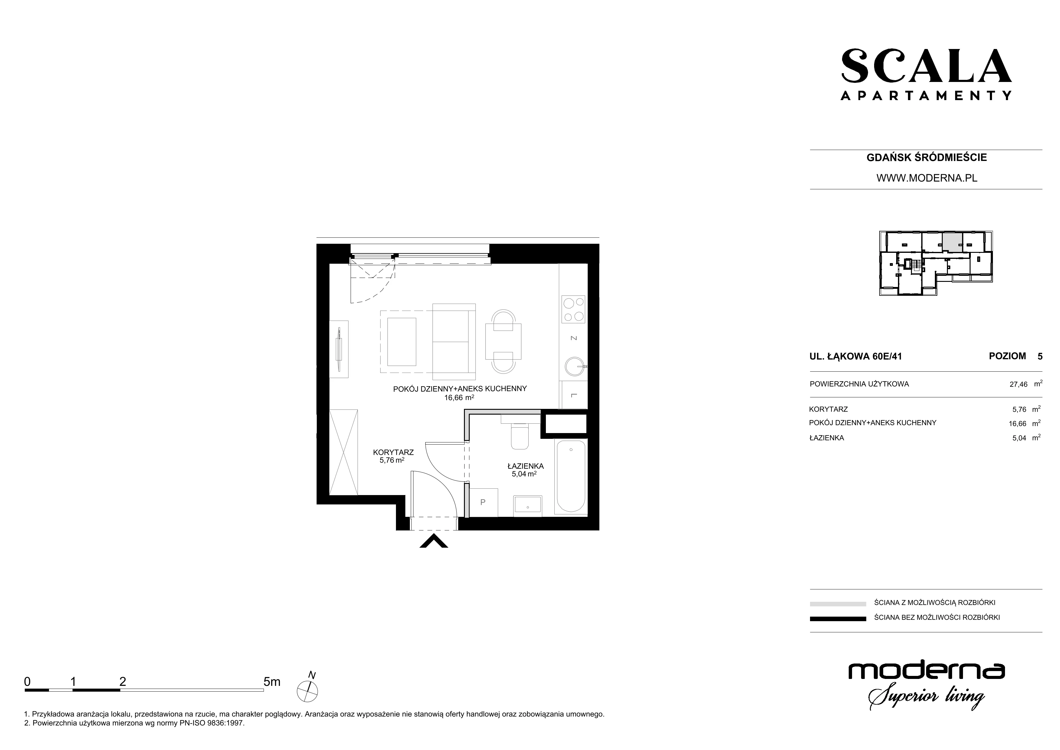 1 pokój, mieszkanie 27,46 m², piętro 5, oferta nr E-41 (N), Scala, Gdańsk, Śródmieście, ul. Łąkowa 60C