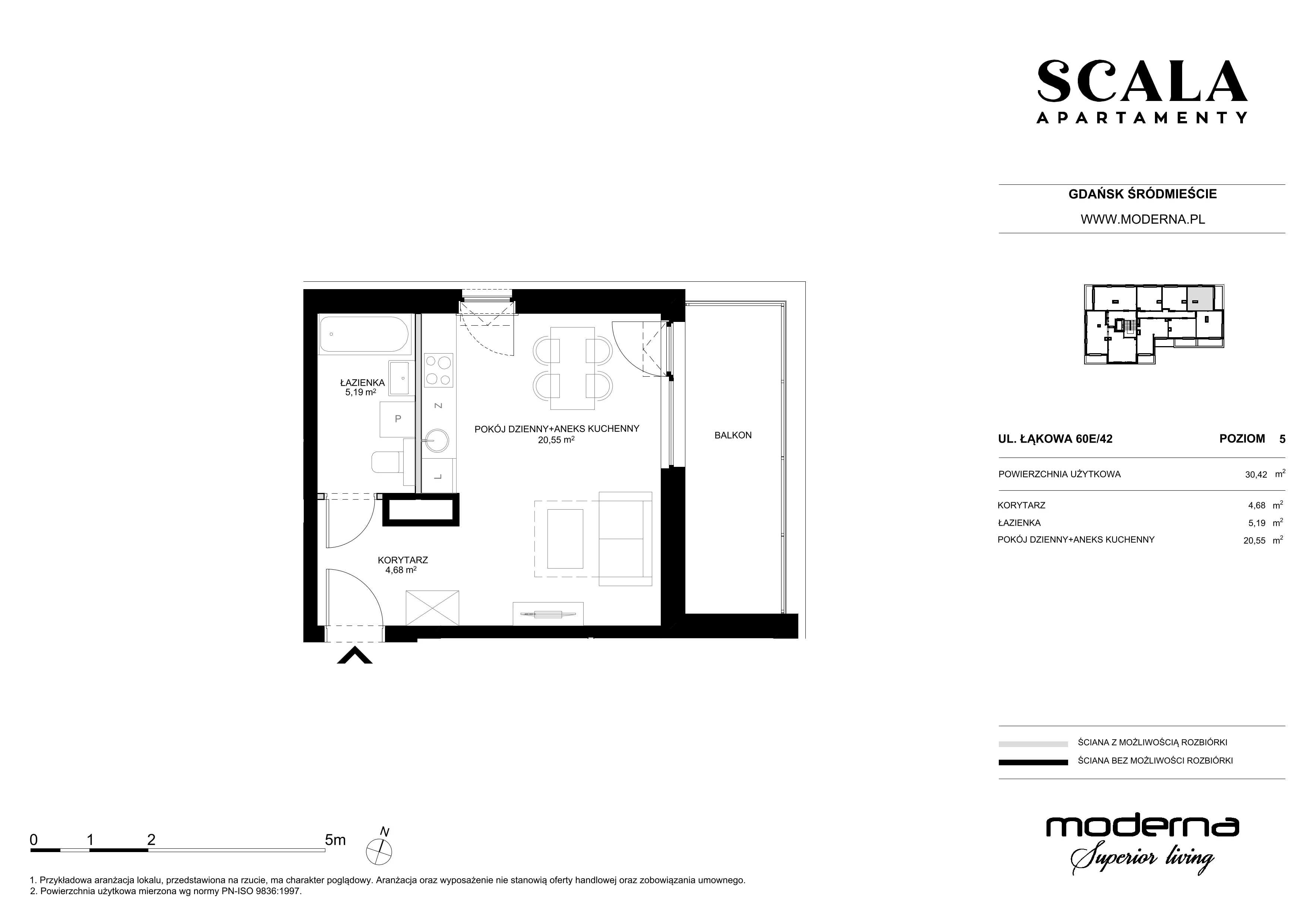1 pokój, mieszkanie 30,42 m², piętro 5, oferta nr E-42 (E), Scala, Gdańsk, Śródmieście, ul. Łąkowa 60C