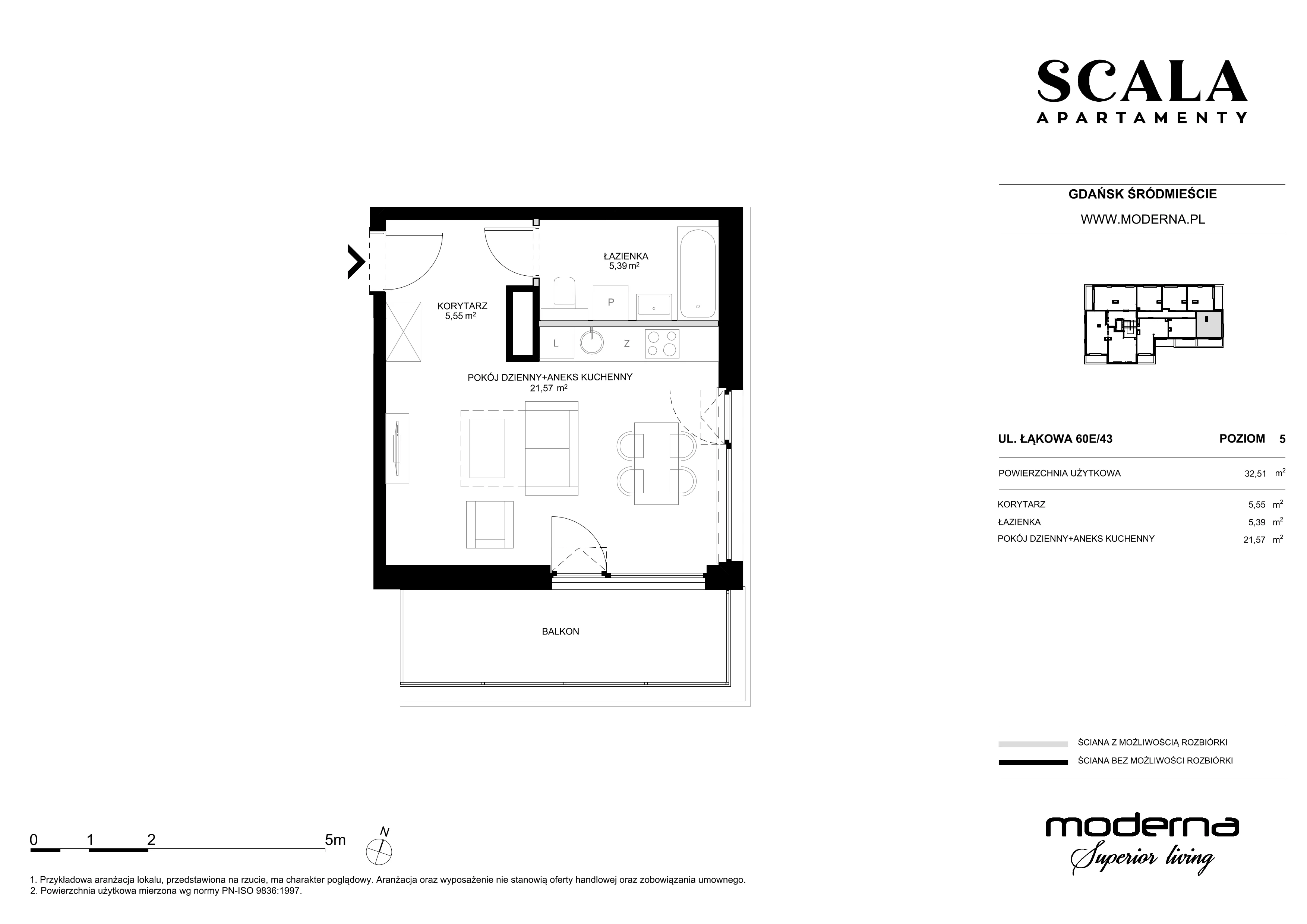 1 pokój, mieszkanie 32,51 m², piętro 5, oferta nr E-43 (N), Scala, Gdańsk, Śródmieście, ul. Łąkowa 60C