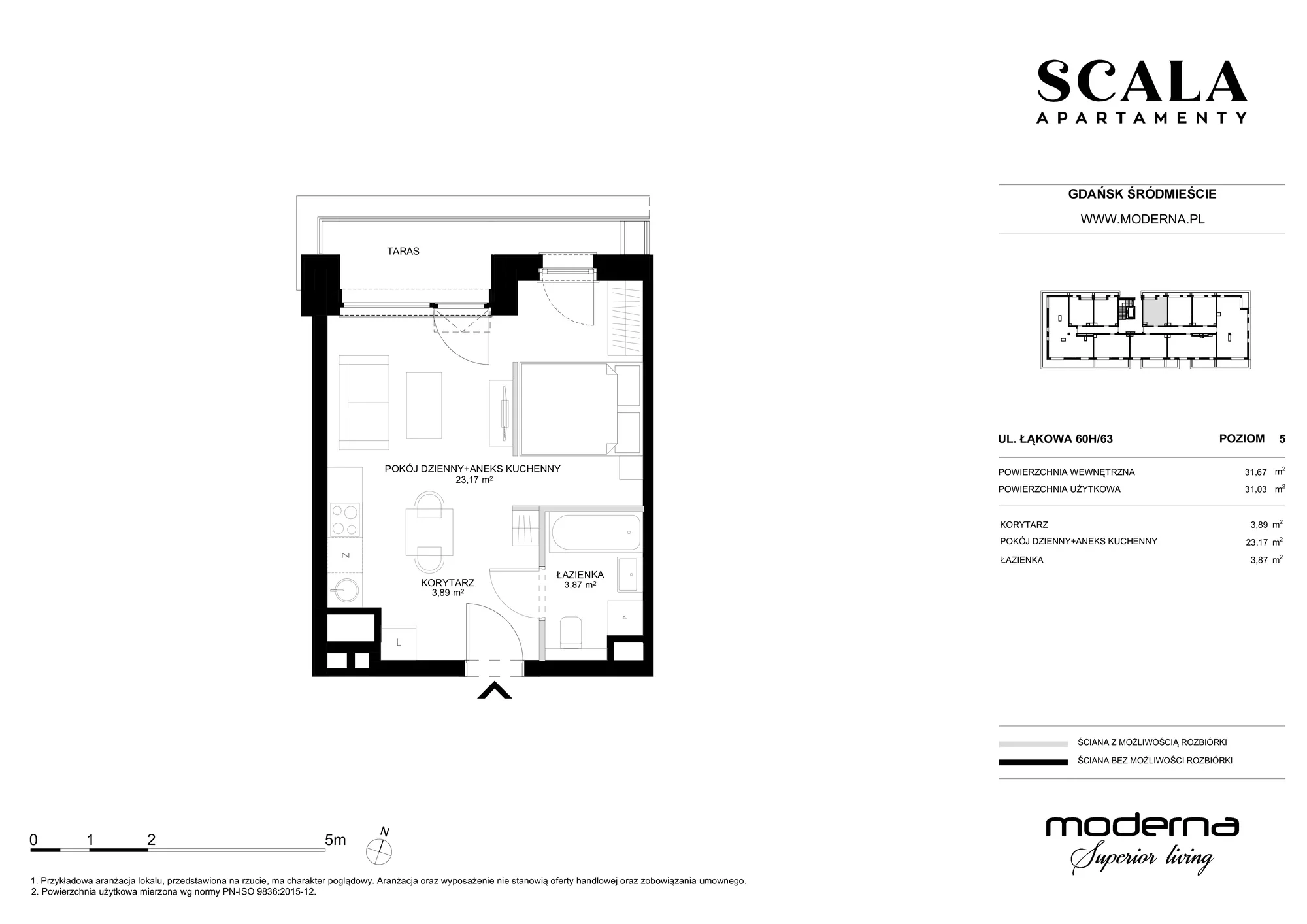 Mieszkanie 31,03 m², piętro 5, oferta nr H-63 (C), Scala, Gdańsk, Śródmieście, ul. Łąkowa 60C