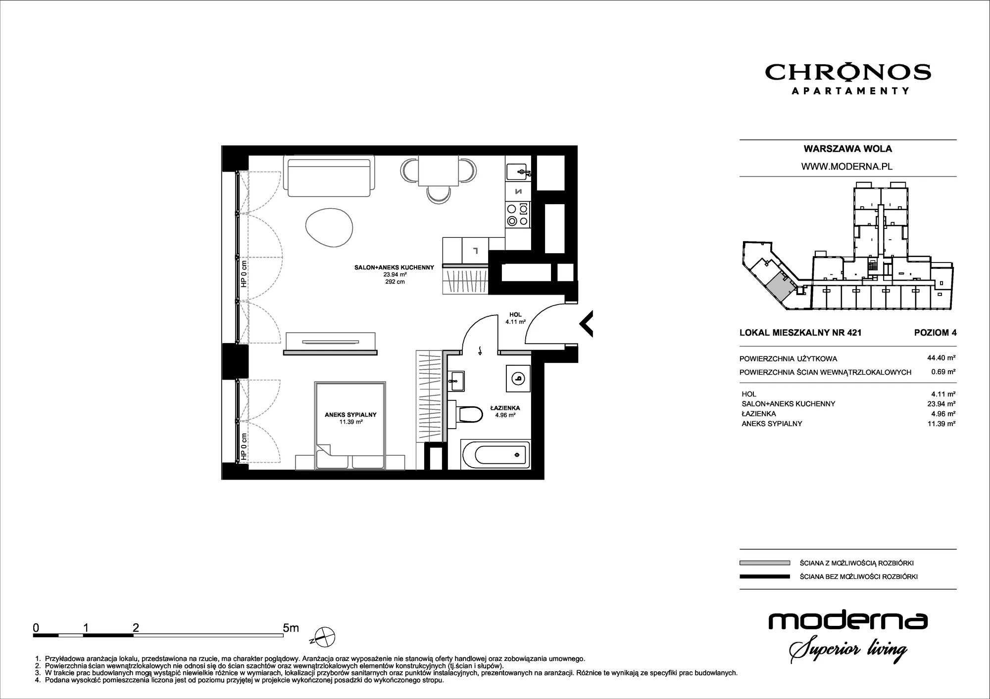 Mieszkanie 44,40 m², piętro 4, oferta nr 421, Chronos na Woli - etap II, Warszawa, Wola, Mirów, Al. Solidarności 153