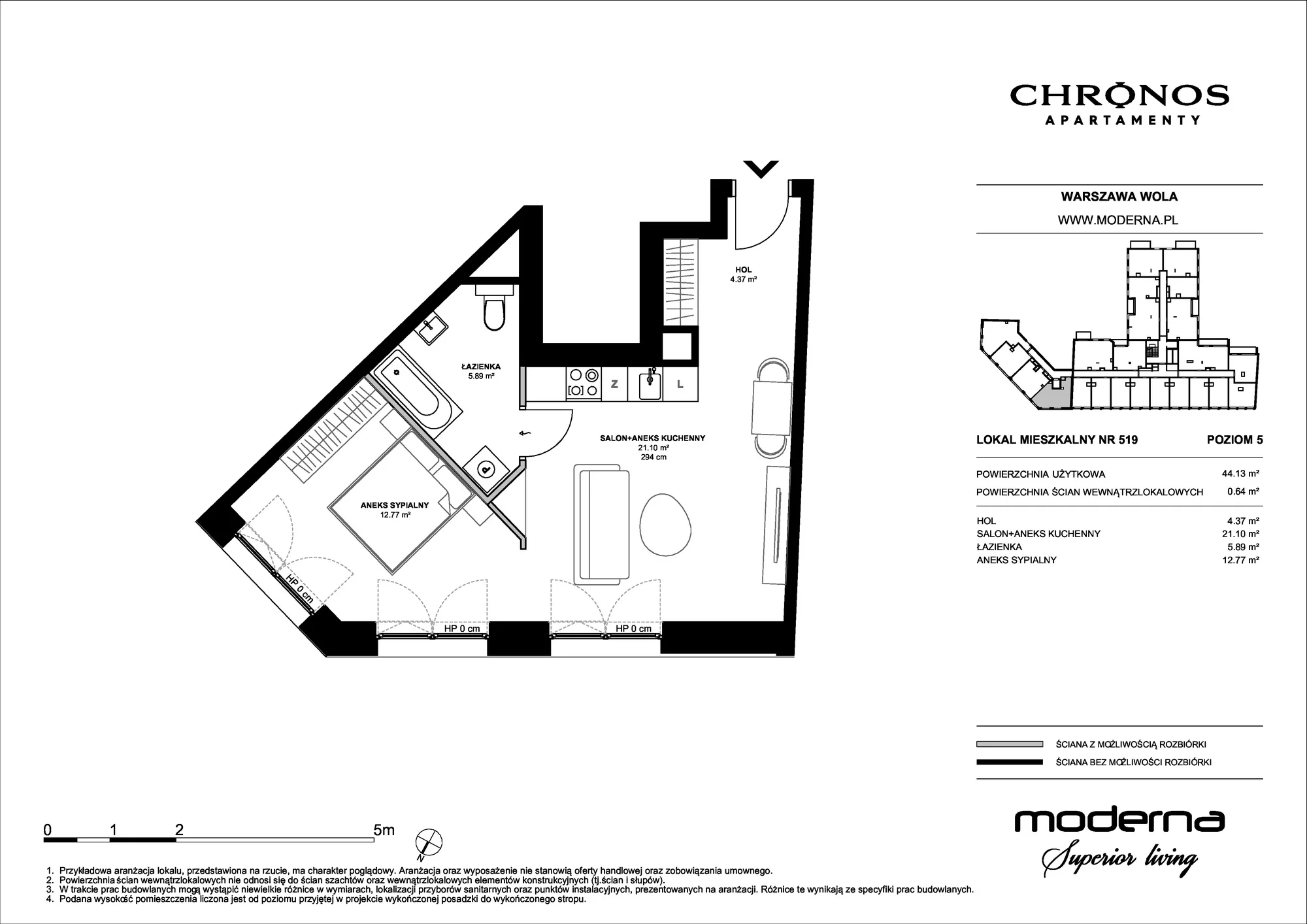 Mieszkanie 44,13 m², piętro 5, oferta nr 519, Chronos na Woli - etap II, Warszawa, Wola, Mirów, Al. Solidarności 153