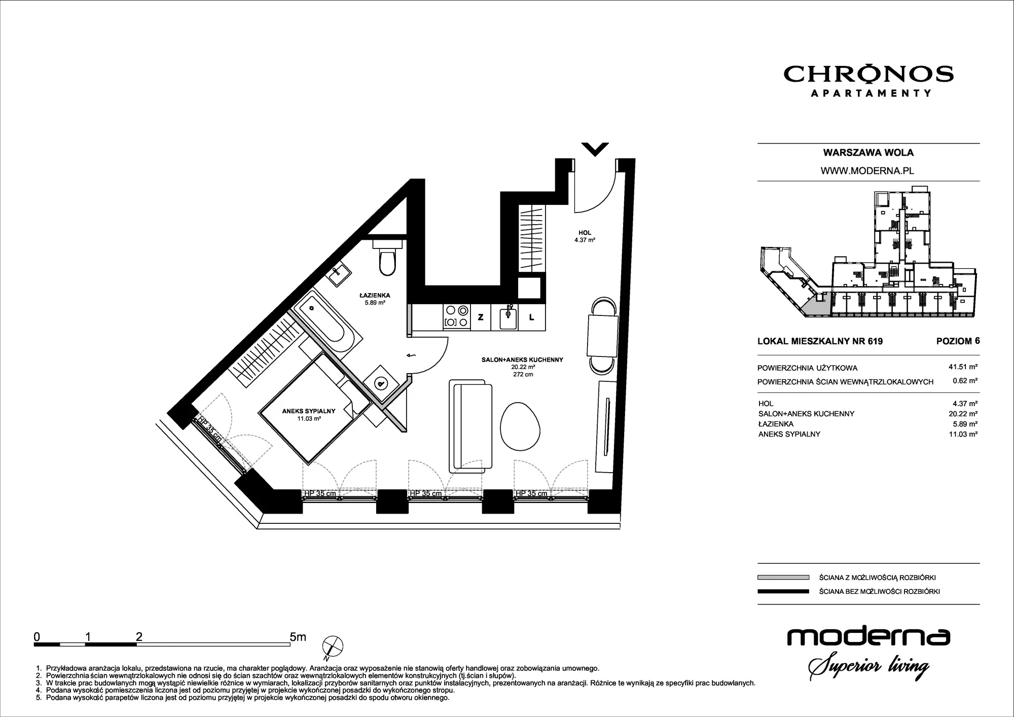 Mieszkanie 41,51 m², piętro 6, oferta nr 619, Chronos na Woli - etap II, Warszawa, Wola, Mirów, Al. Solidarności 153