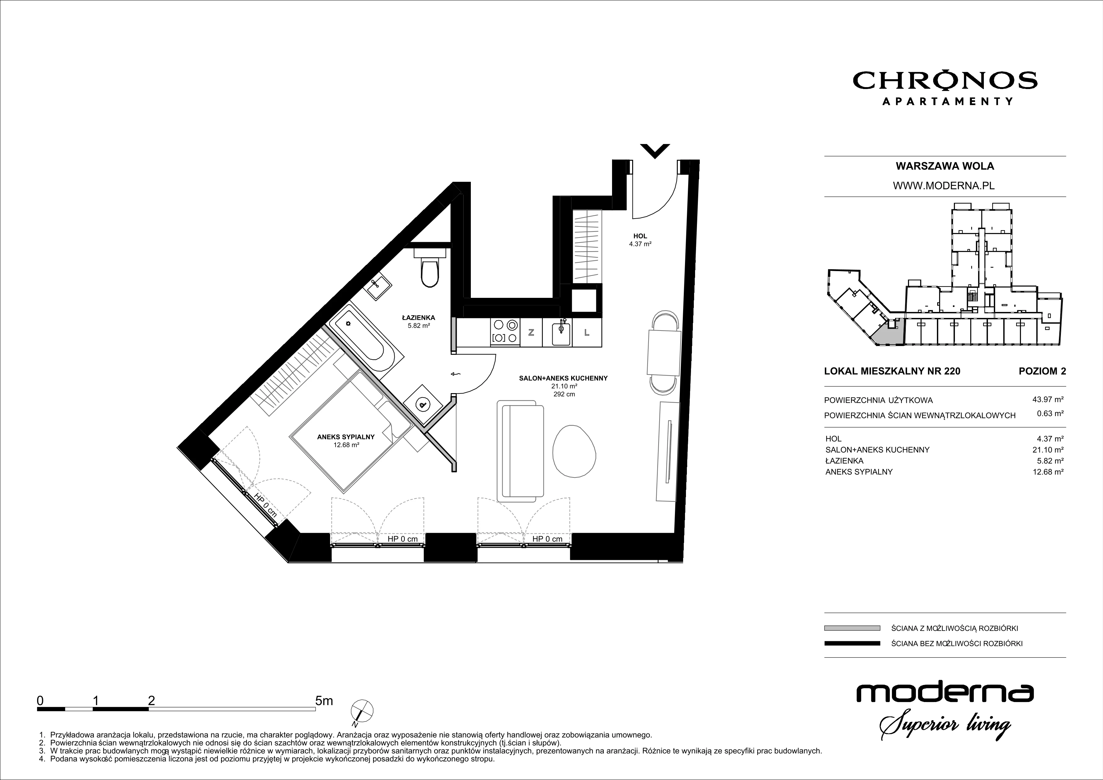 2 pokoje, mieszkanie 43,97 m², piętro 2, oferta nr 220, Chronos na Woli - etap II, Warszawa, Wola, Mirów, Al. Solidarności 153