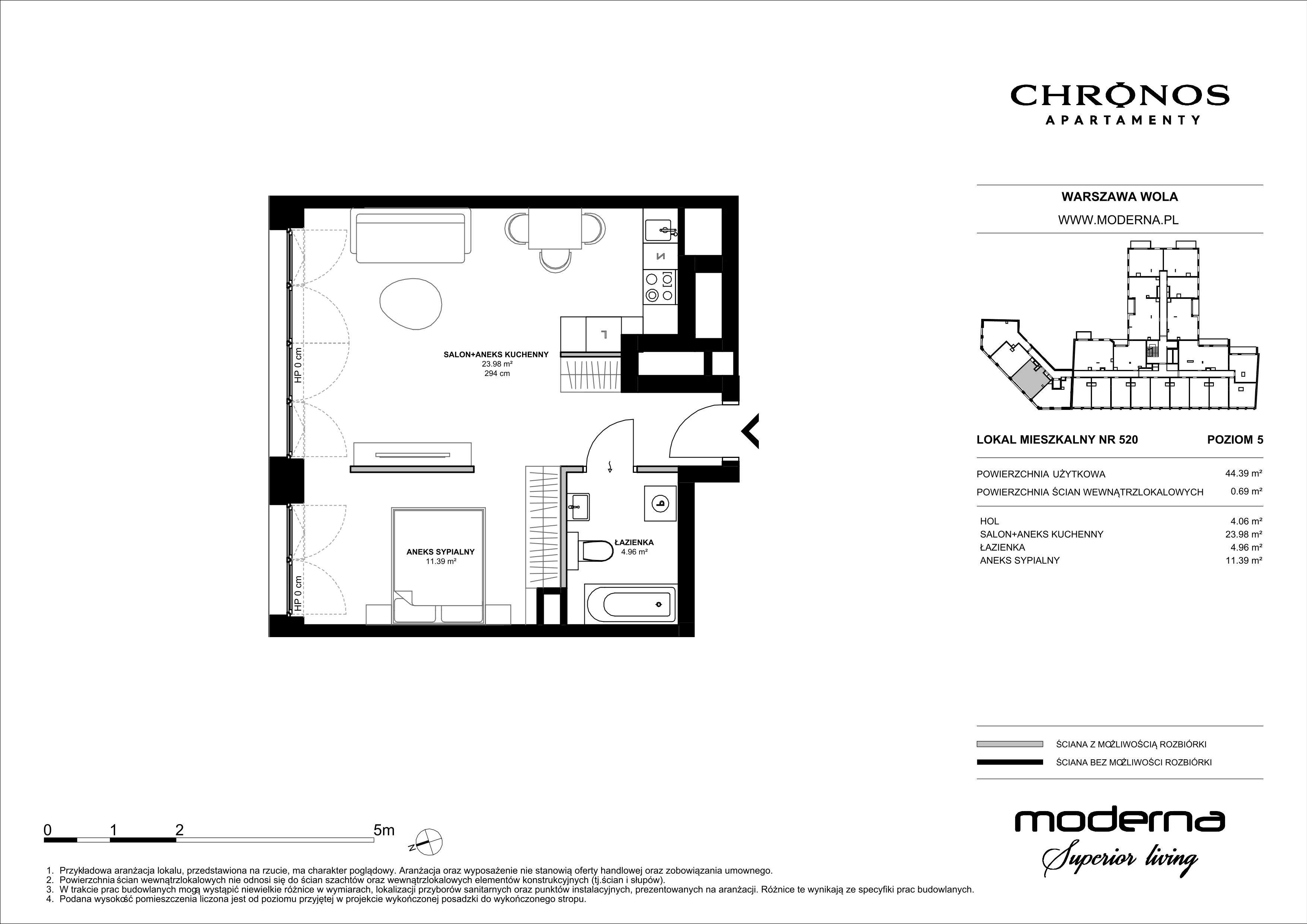 2 pokoje, mieszkanie 44,39 m², piętro 5, oferta nr 520, Chronos na Woli - etap II, Warszawa, Wola, Mirów, Al. Solidarności 153