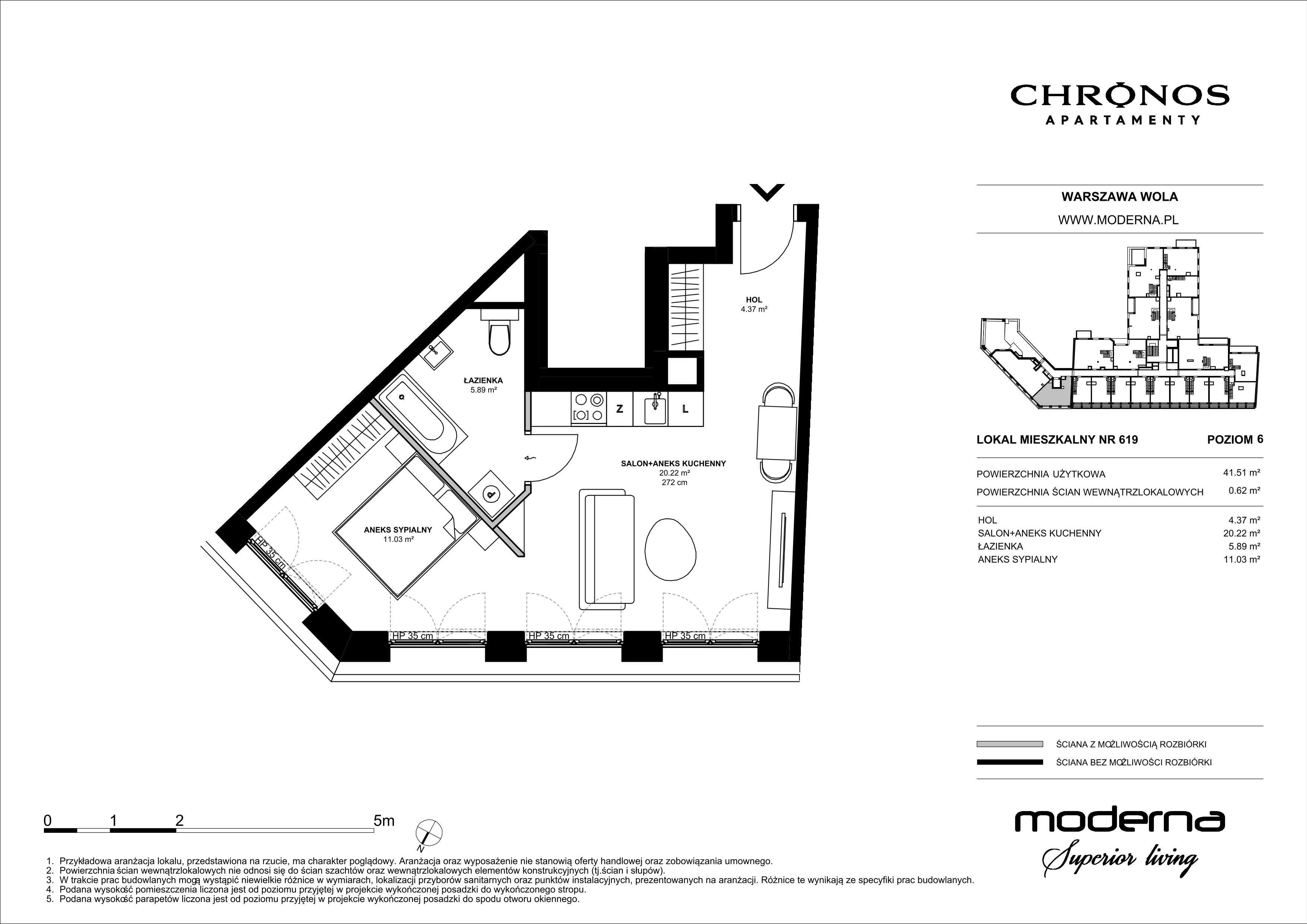 2 pokoje, mieszkanie 41,51 m², piętro 6, oferta nr 619, Chronos na Woli - etap II, Warszawa, Wola, Mirów, Al. Solidarności 153