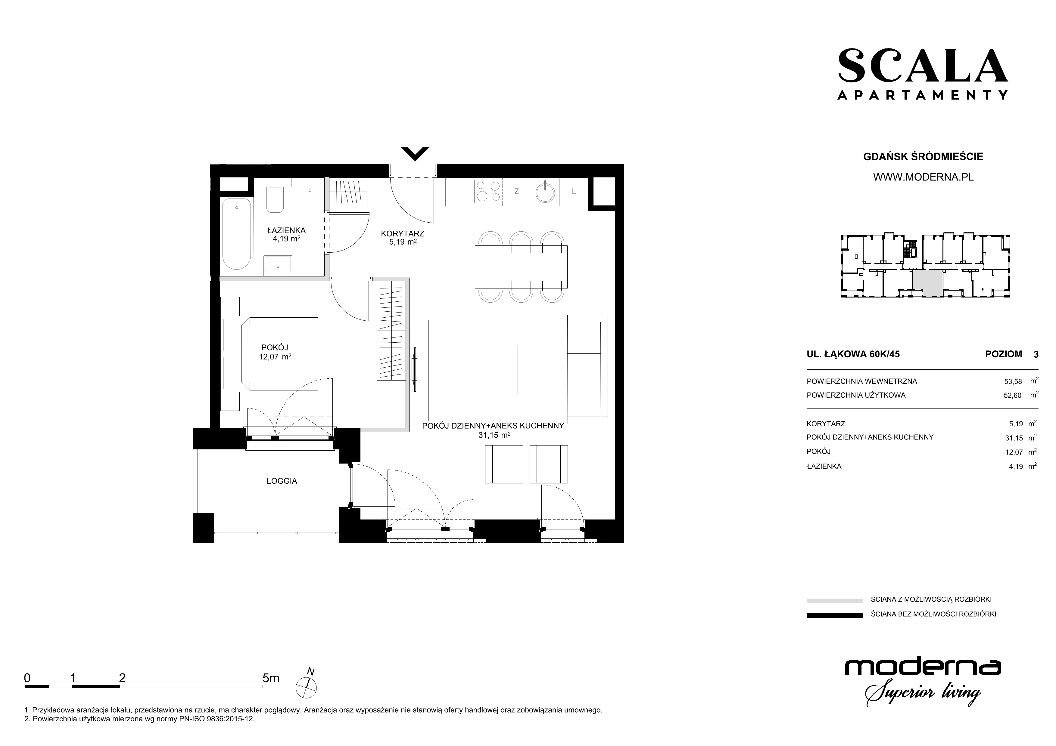 2 pokoje, mieszkanie 52,60 m², piętro 3, oferta nr K-45 (E), Scala, Gdańsk, Śródmieście, ul. Łąkowa 60C
