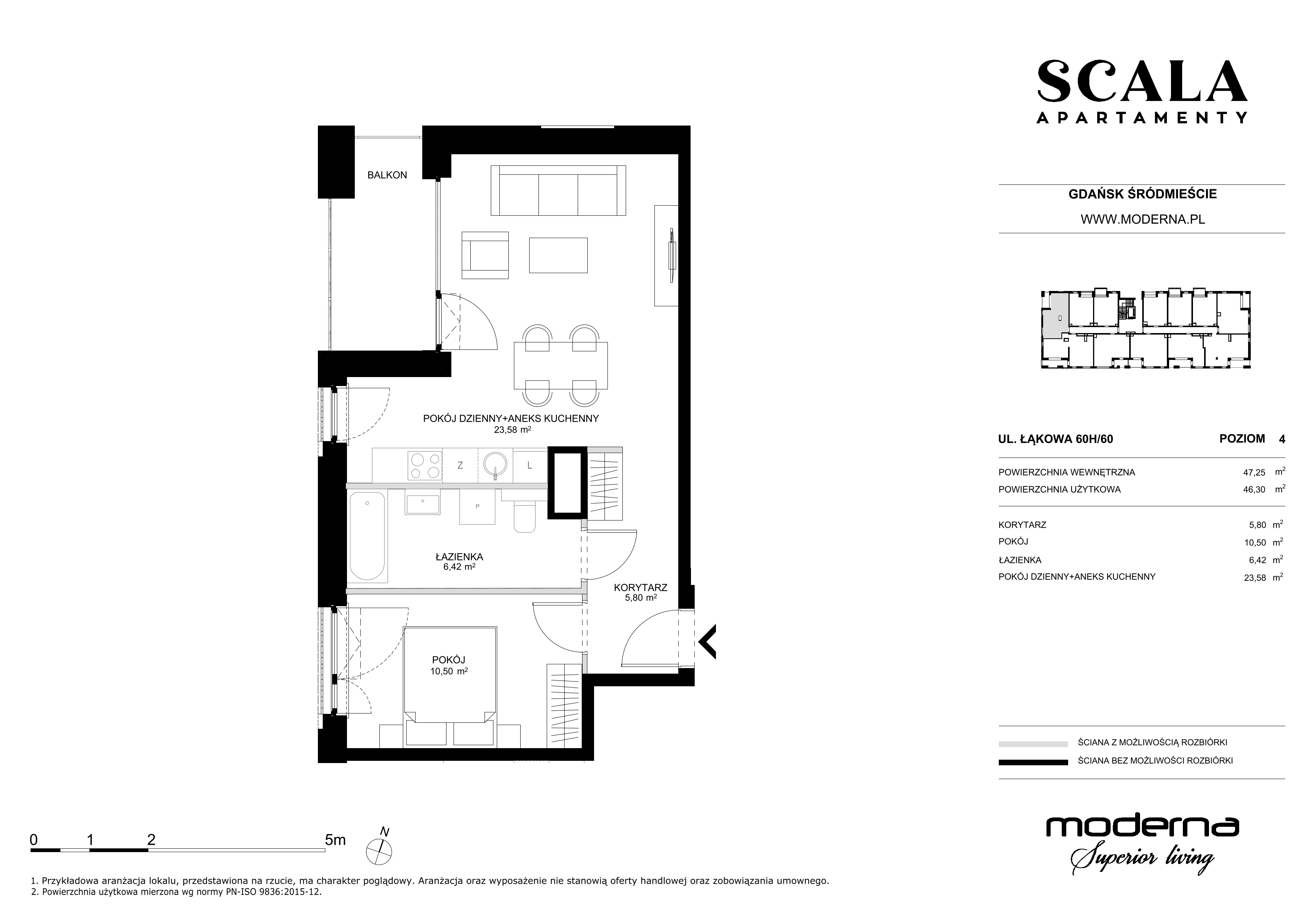 2 pokoje, apartament 46,30 m², piętro 4, oferta nr H-60 (N), Scala, Gdańsk, Śródmieście, ul. Łąkowa 60C