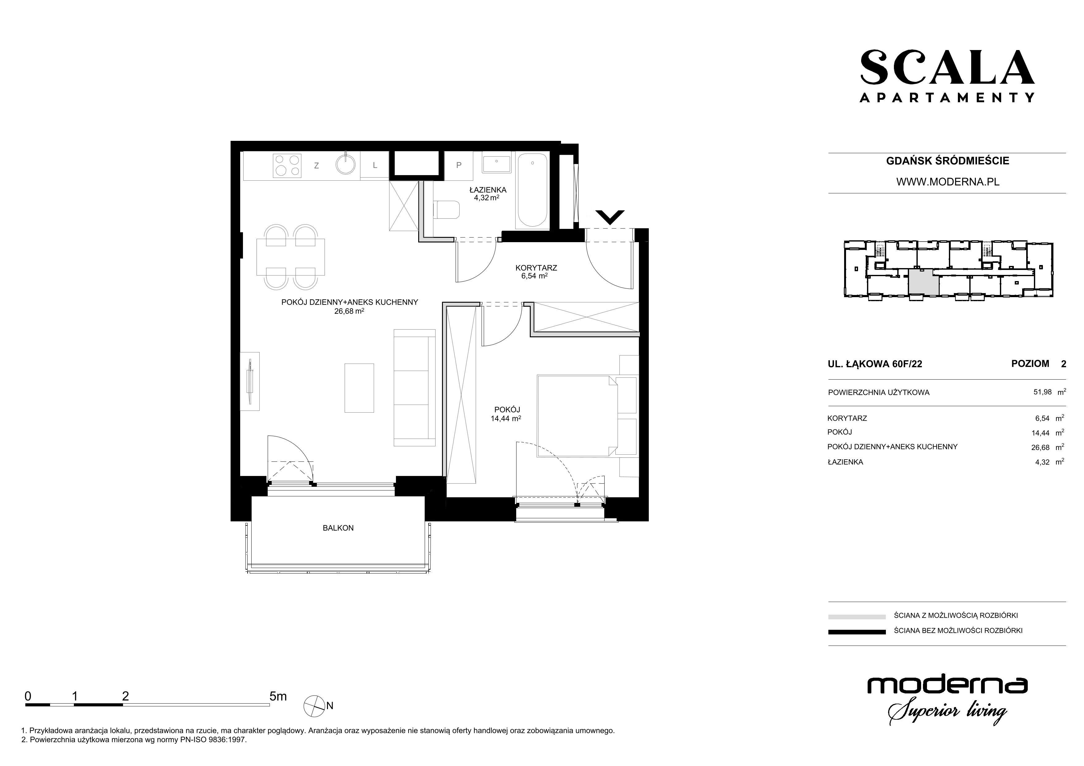 2 pokoje, apartament 51,98 m², piętro 2, oferta nr F-22 (N), Scala, Gdańsk, Śródmieście, ul. Łąkowa 60C