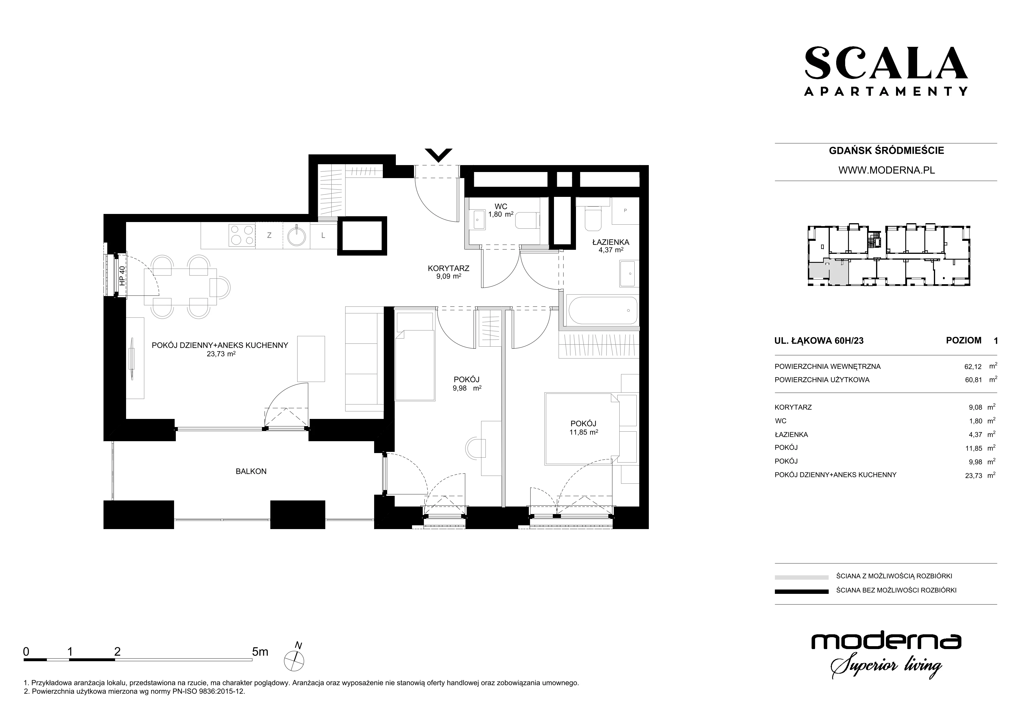 3 pokoje, apartament 60,81 m², piętro 1, oferta nr H-23 (C), Scala, Gdańsk, Śródmieście, ul. Łąkowa 60C