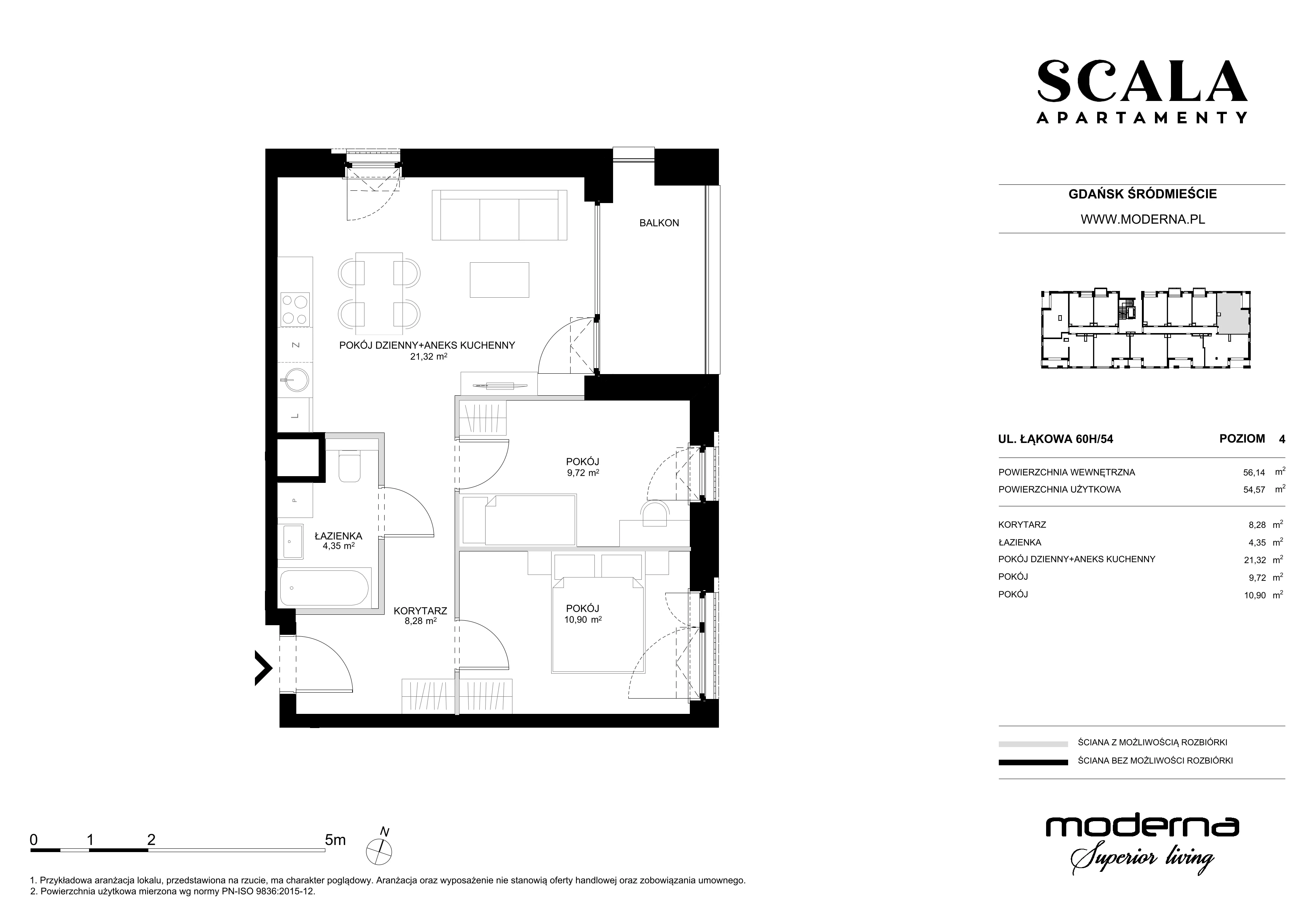 3 pokoje, apartament 54,57 m², piętro 4, oferta nr H-54 (E), Scala, Gdańsk, Śródmieście, ul. Łąkowa 60C