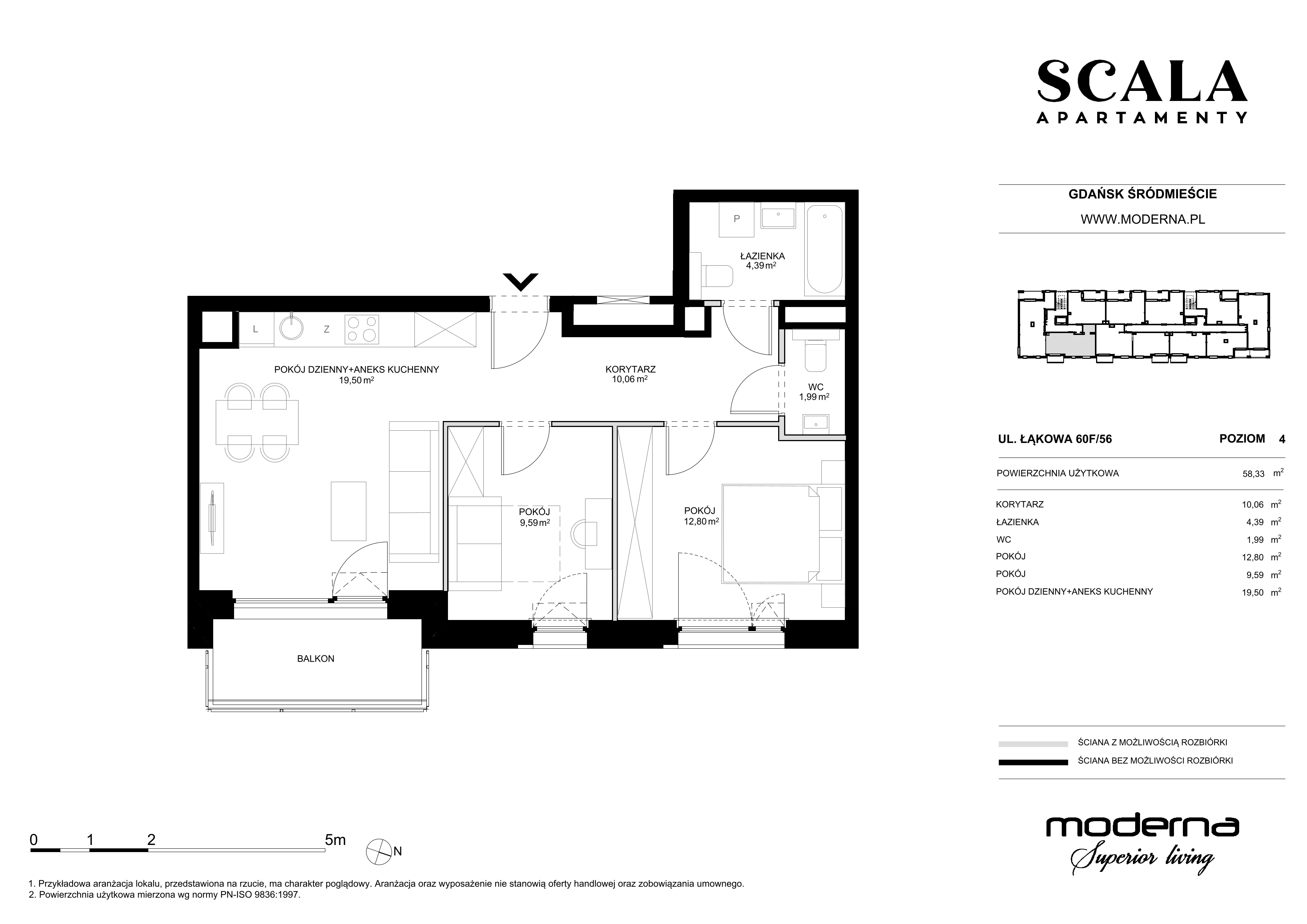 3 pokoje, mieszkanie 58,33 m², piętro 4, oferta nr F-56 (E), Scala, Gdańsk, Śródmieście, ul. Łąkowa 60C