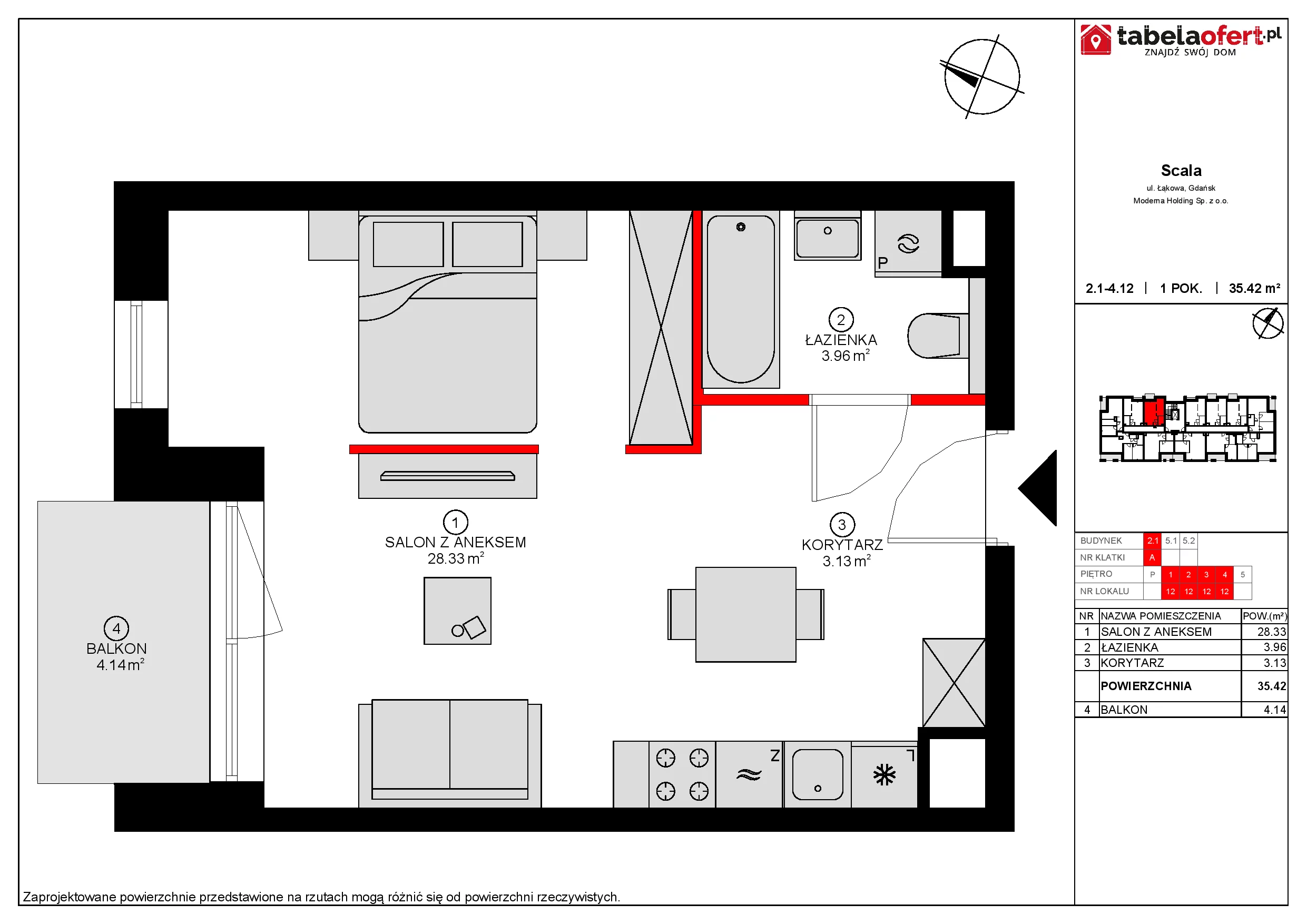 Apartament 36,02 m², piętro 4, oferta nr 2.1-4.12., Scala, Gdańsk, Śródmieście, ul. Łąkowa 60C