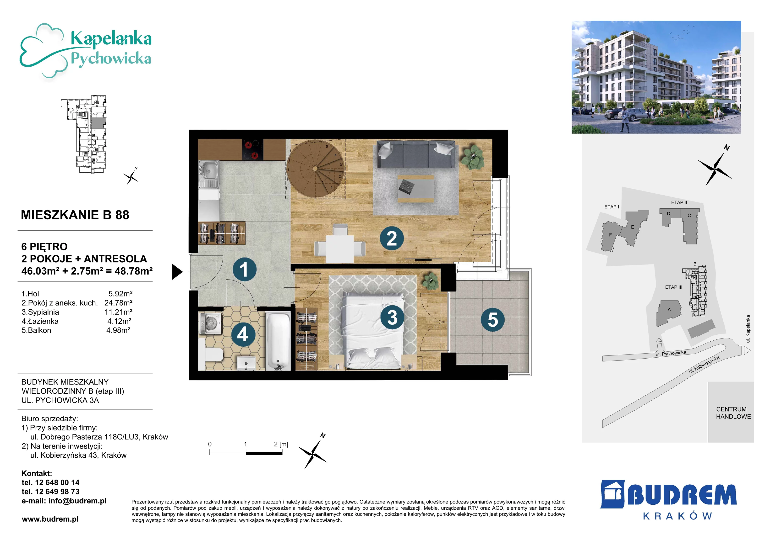 Mieszkanie 48,78 m², piętro 6, oferta nr B88, Kapelanka – Pychowicka - Budynek B, Kraków, Dębniki, Zakrzówek, ul. Pychowicka 3 / 3A