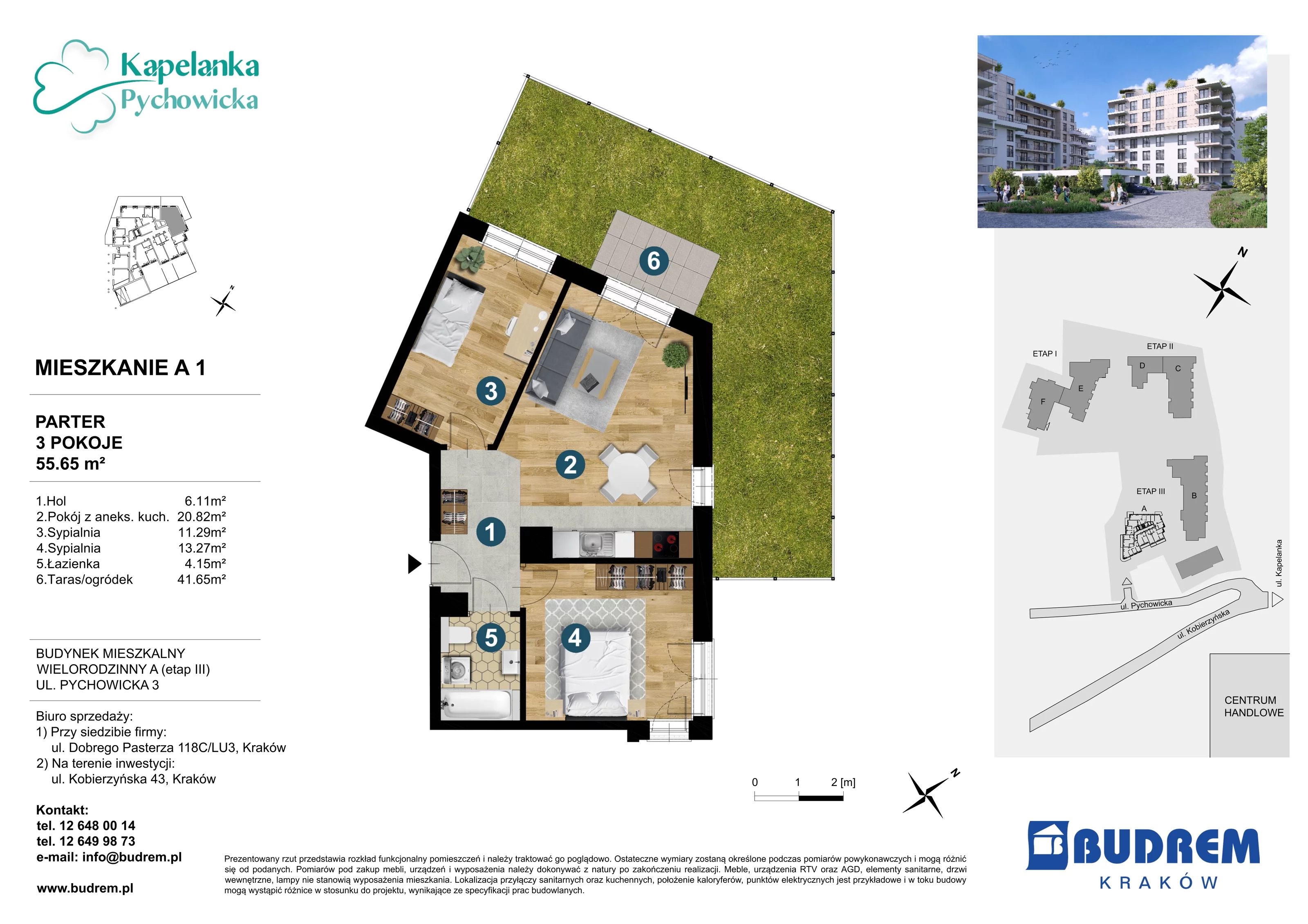 3 pokoje, mieszkanie 55,64 m², parter, oferta nr A1, Kapelanka – Pychowicka - Budynek AB, Kraków, Dębniki, Zakrzówek, ul. Pychowicka 3 / 3A