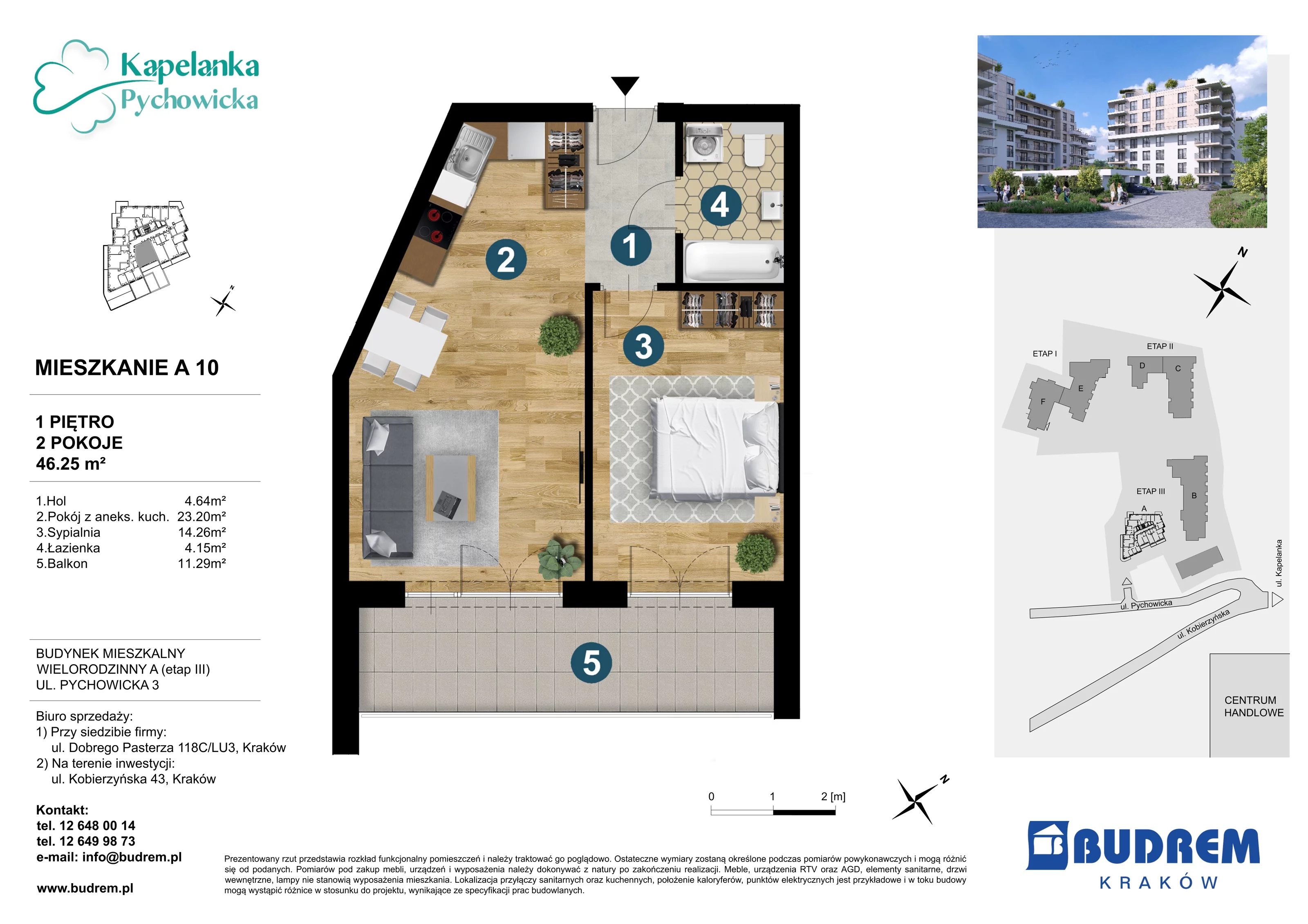 2 pokoje, mieszkanie 46,25 m², piętro 1, oferta nr A10, Kapelanka – Pychowicka - Budynek AB, Kraków, Dębniki, Zakrzówek, ul. Pychowicka 3 / 3A