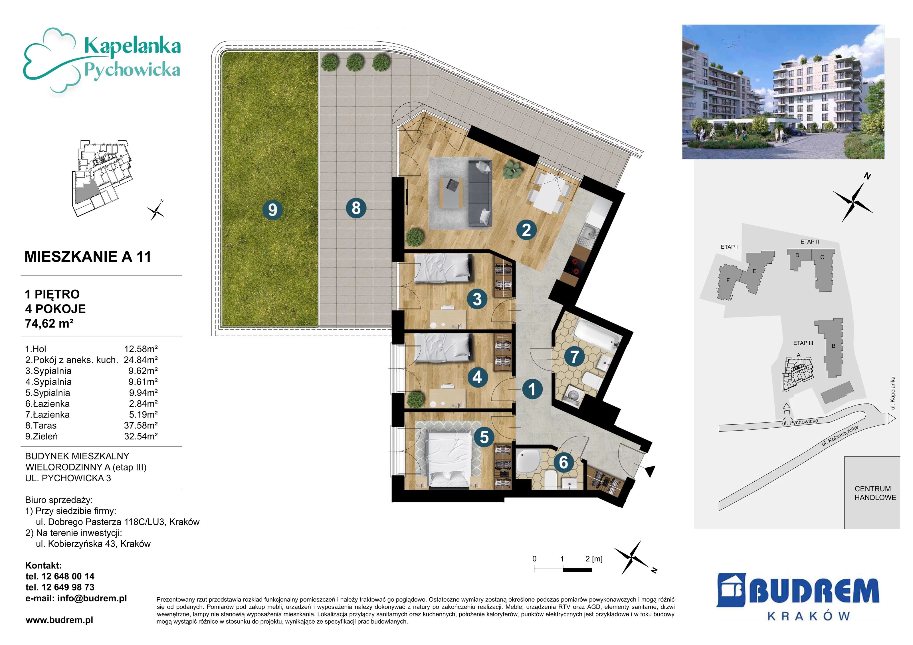 4 pokoje, mieszkanie 74,62 m², piętro 1, oferta nr A11, Kapelanka – Pychowicka - Budynek AB, Kraków, Dębniki, Zakrzówek, ul. Pychowicka 3 / 3A