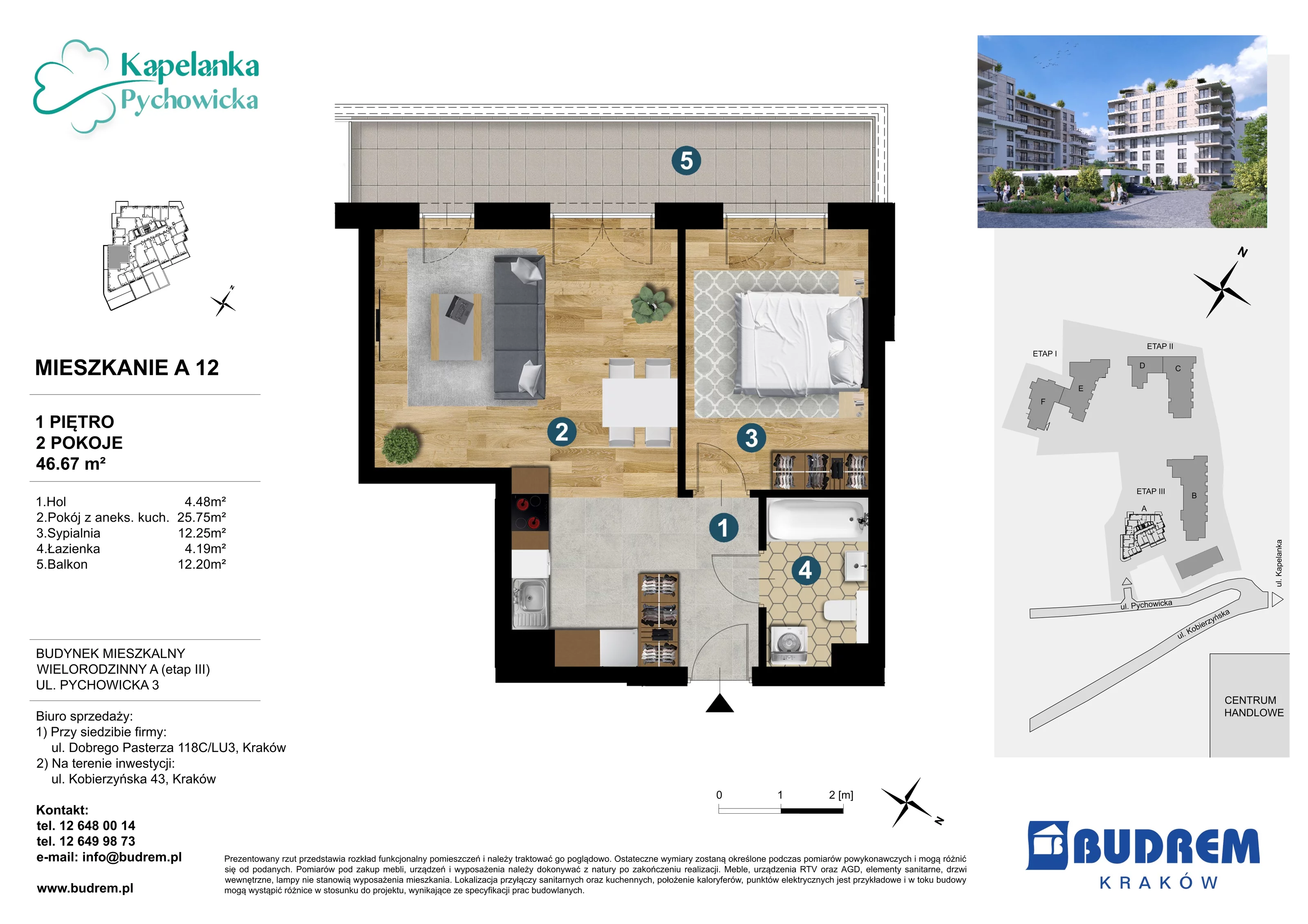 2 pokoje, mieszkanie 46,67 m², piętro 1, oferta nr A12, Kapelanka – Pychowicka - Budynek AB, Kraków, Dębniki, Zakrzówek, ul. Pychowicka 3 / 3A