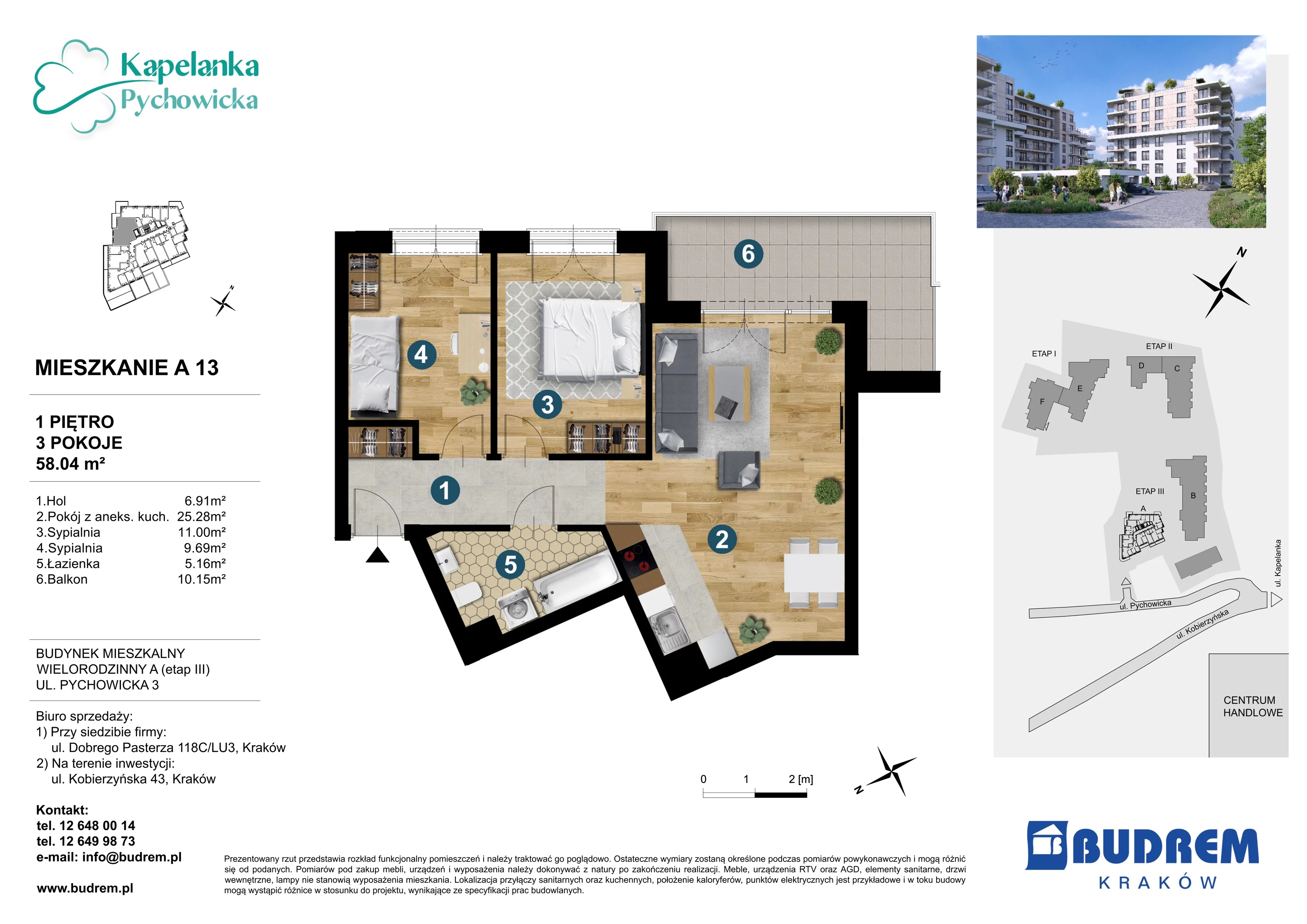 3 pokoje, mieszkanie 58,04 m², piętro 1, oferta nr A13, Kapelanka – Pychowicka - Budynek AB, Kraków, Dębniki, Zakrzówek, ul. Pychowicka 3 / 3A
