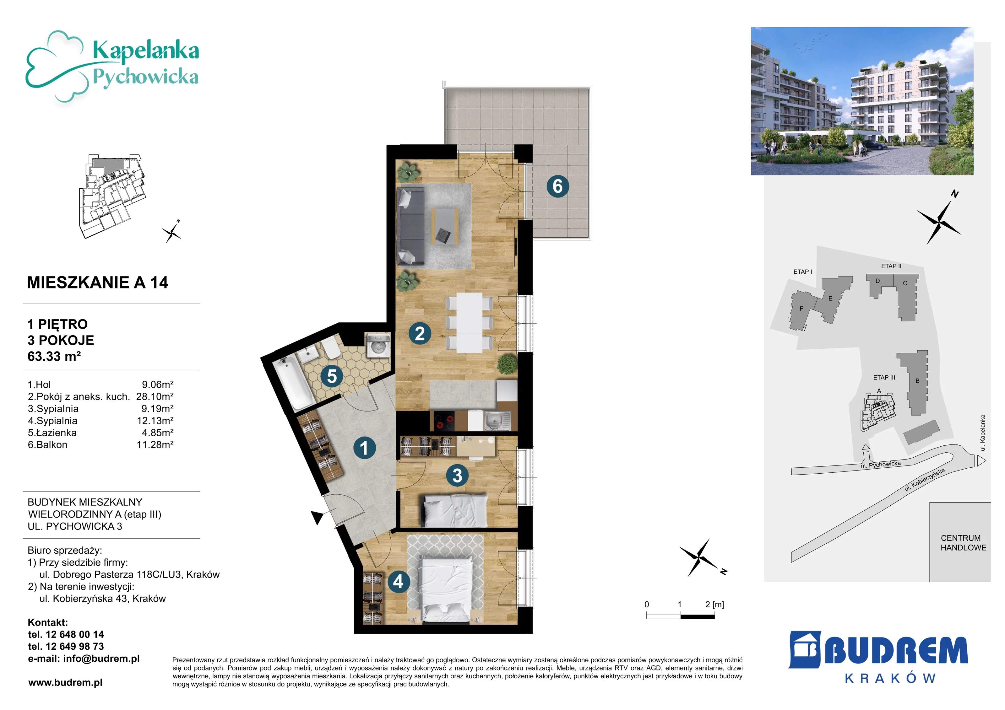 3 pokoje, mieszkanie 63,33 m², piętro 1, oferta nr A14, Kapelanka – Pychowicka - Budynek AB, Kraków, Dębniki, Zakrzówek, ul. Pychowicka 3 / 3A