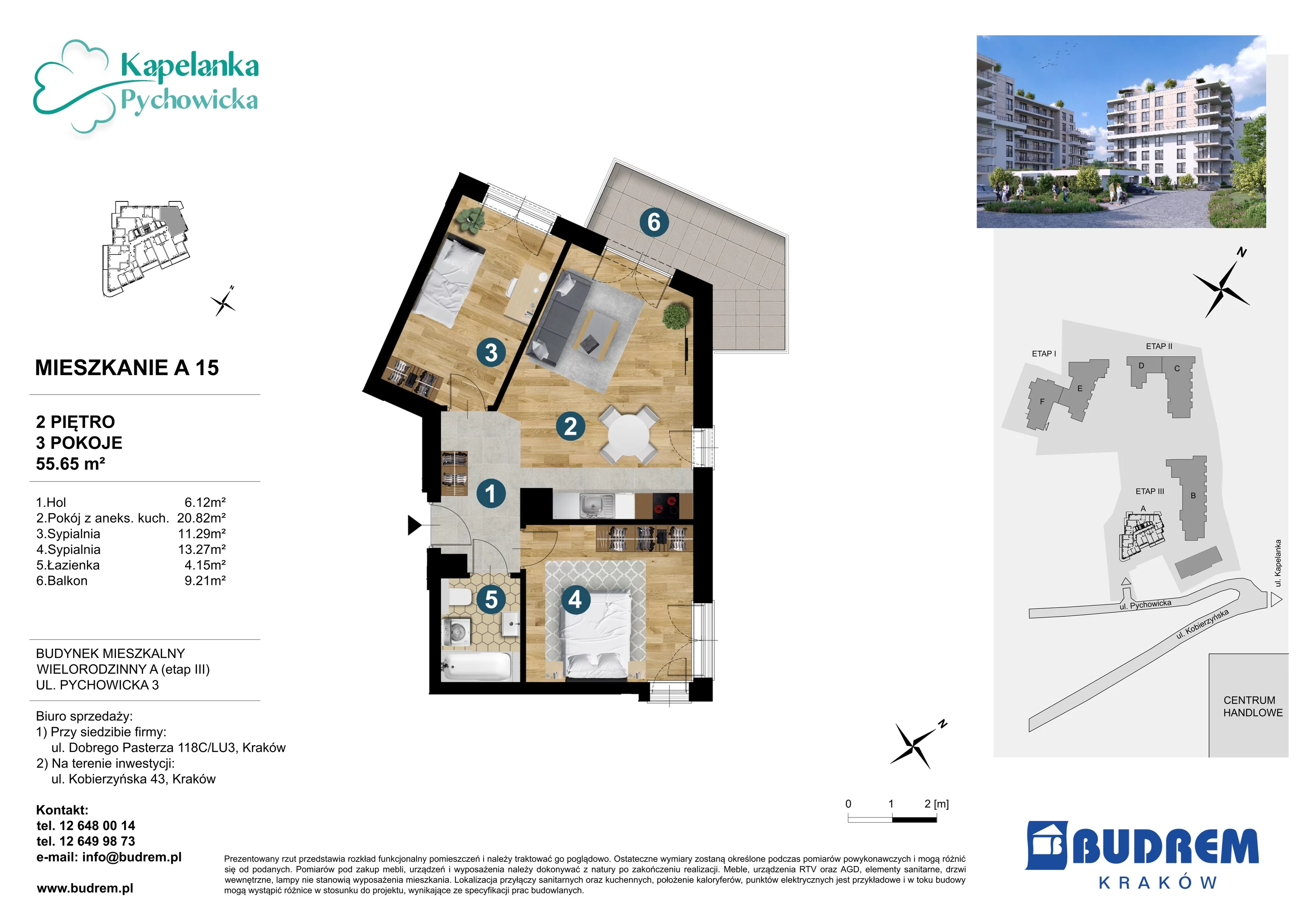 3 pokoje, mieszkanie 55,65 m², piętro 2, oferta nr A15, Kapelanka – Pychowicka - Budynek AB, Kraków, Dębniki, Zakrzówek, ul. Pychowicka 3 / 3A