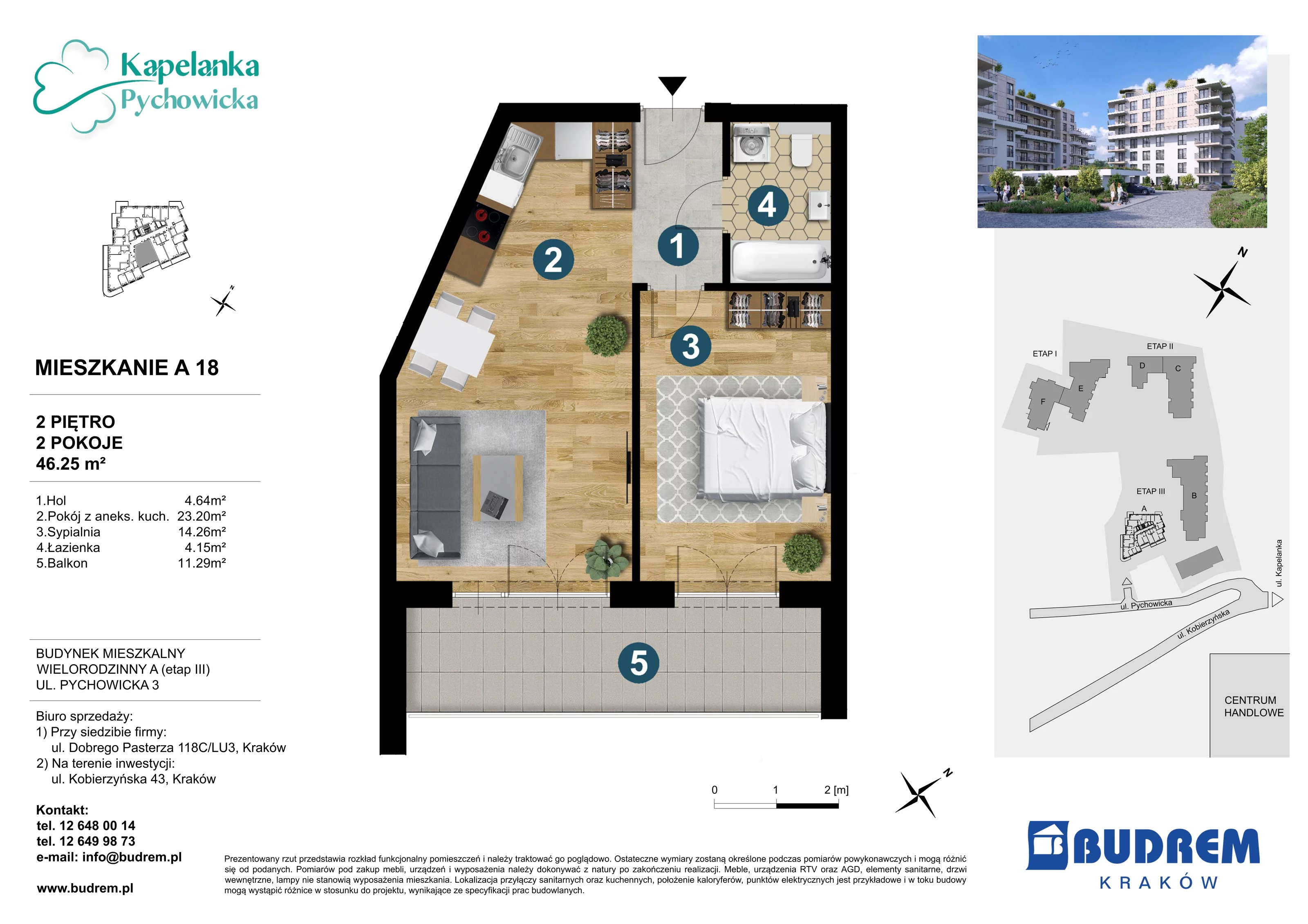2 pokoje, mieszkanie 46,25 m², piętro 2, oferta nr A18, Kapelanka – Pychowicka - Budynek AB, Kraków, Dębniki, Zakrzówek, ul. Pychowicka 3 / 3A