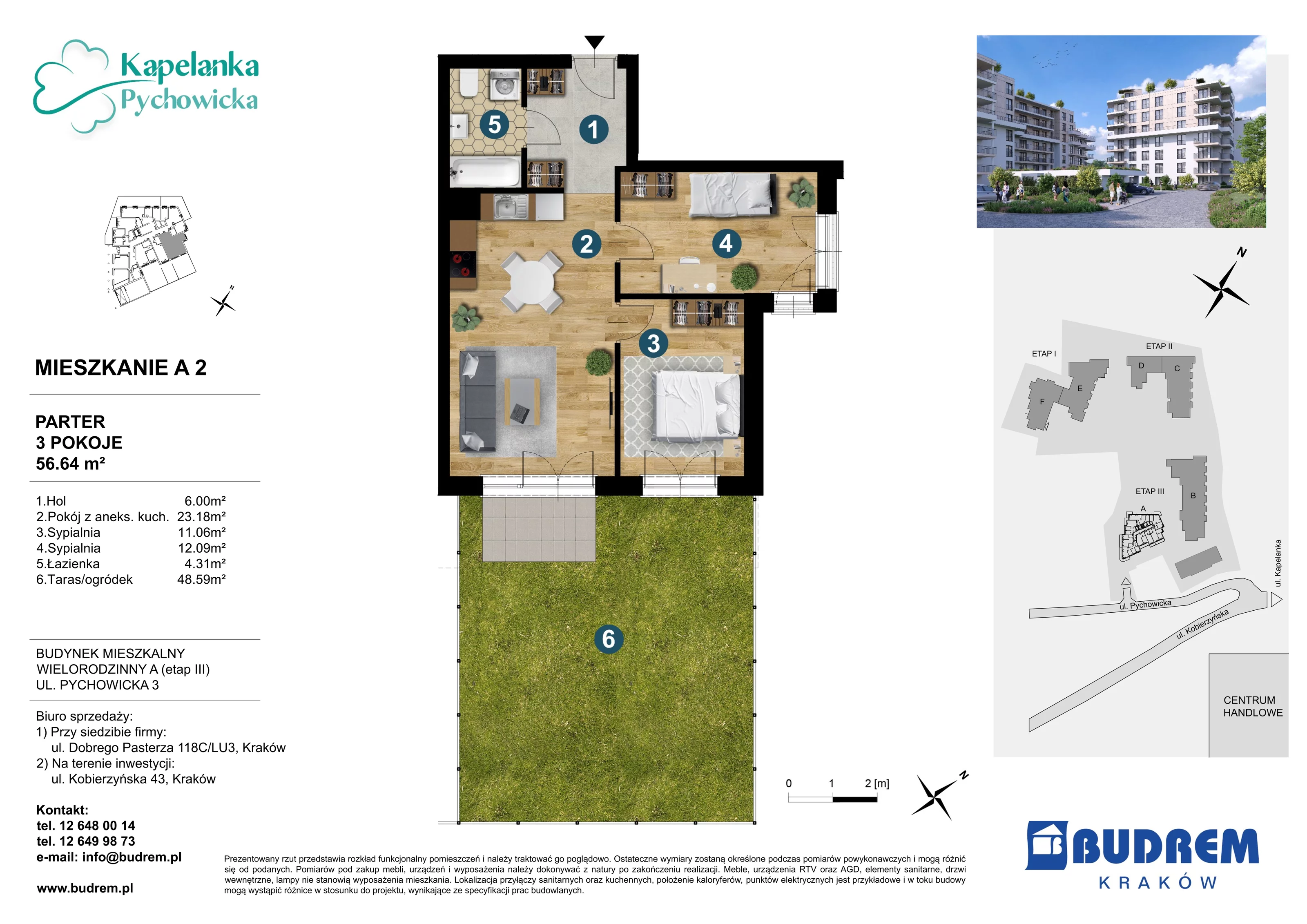 3 pokoje, mieszkanie 56,64 m², parter, oferta nr A2, Kapelanka – Pychowicka - Budynek AB, Kraków, Dębniki, Zakrzówek, ul. Pychowicka 3 / 3A