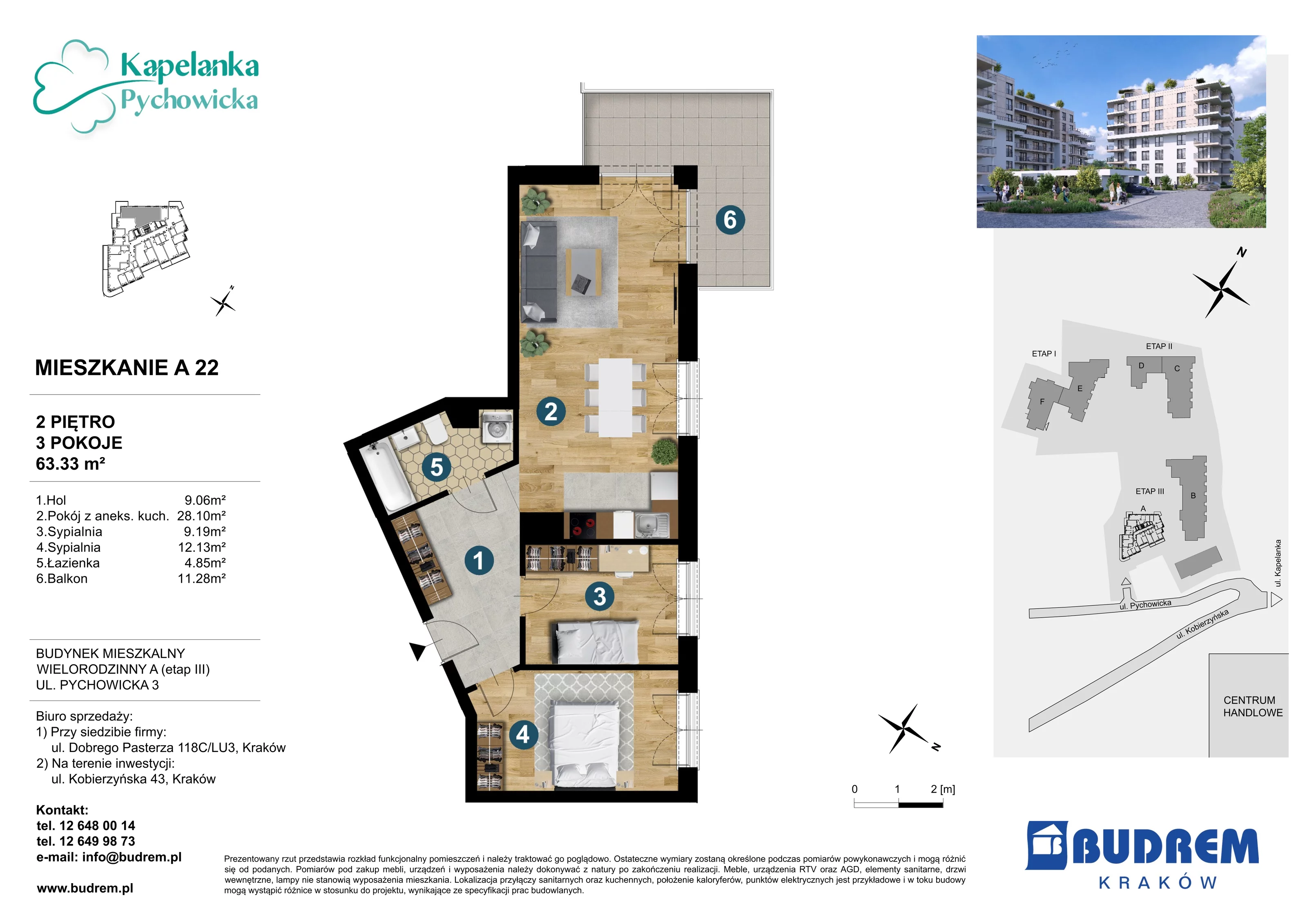 3 pokoje, mieszkanie 63,33 m², piętro 2, oferta nr A22, Kapelanka – Pychowicka - Budynek AB, Kraków, Dębniki, Zakrzówek, ul. Pychowicka 3 / 3A