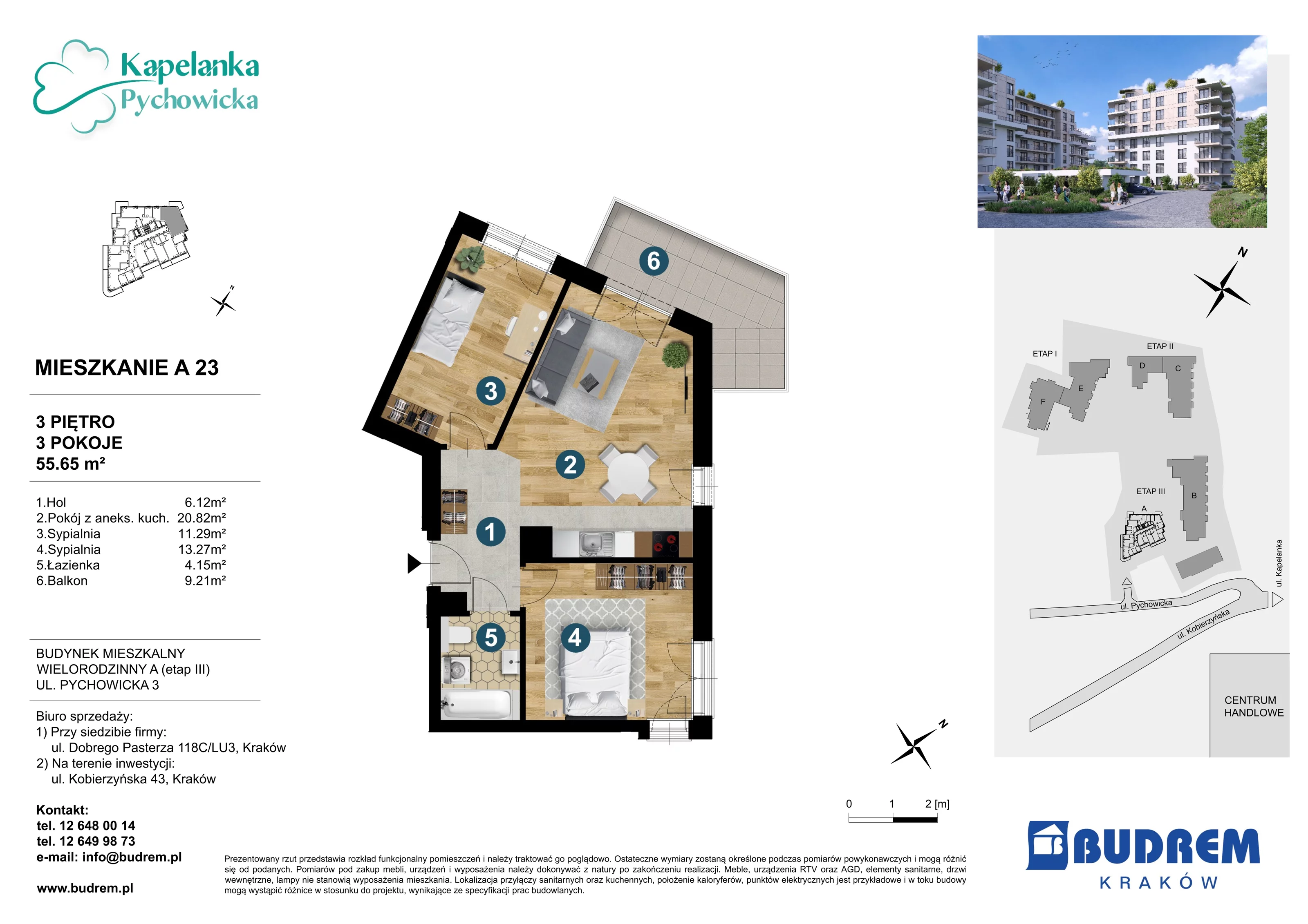 3 pokoje, mieszkanie 55,65 m², piętro 3, oferta nr A23, Kapelanka – Pychowicka - Budynek AB, Kraków, Dębniki, Zakrzówek, ul. Pychowicka 3 / 3A