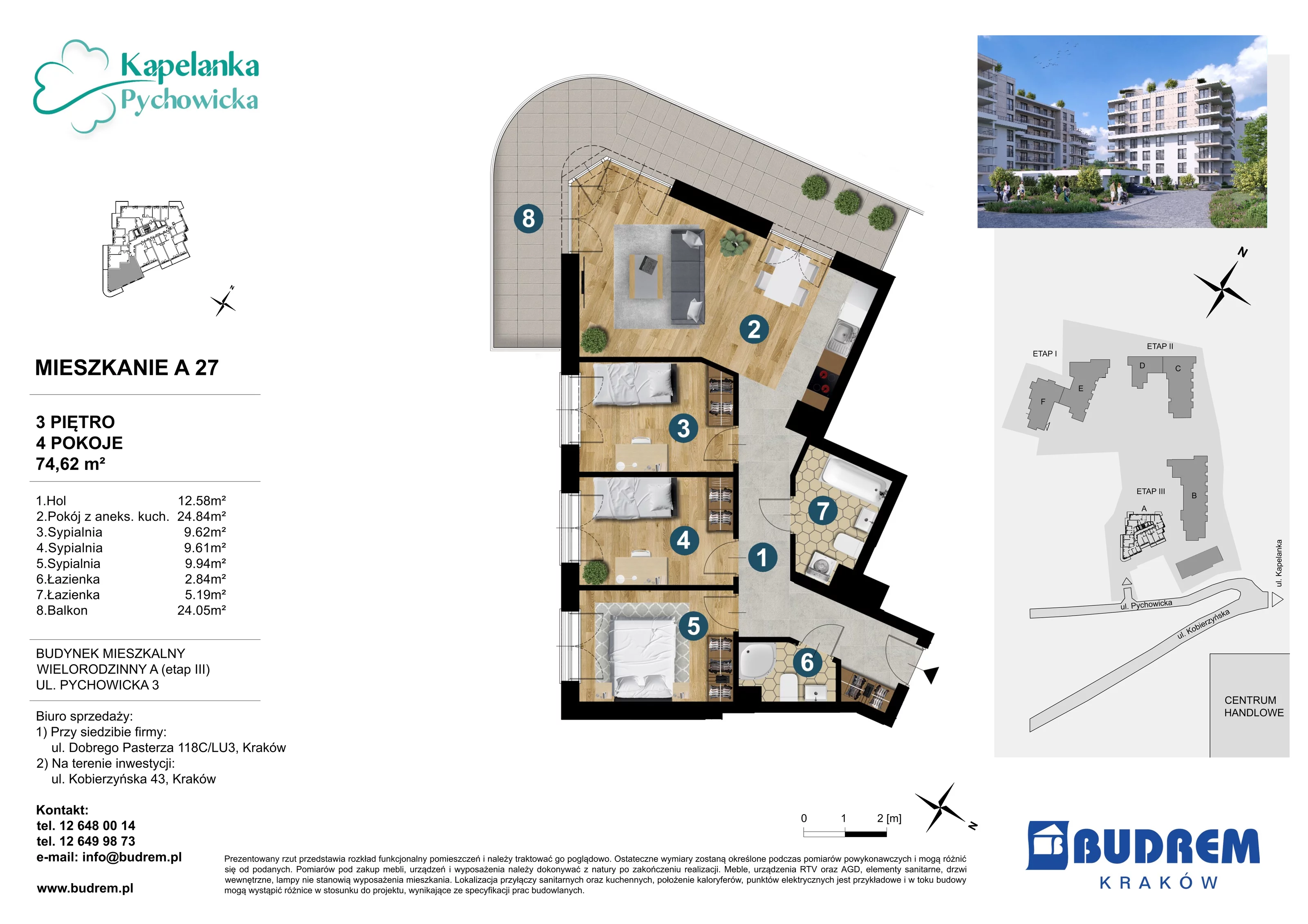 4 pokoje, mieszkanie 74,62 m², piętro 3, oferta nr A27, Kapelanka – Pychowicka - Budynek AB, Kraków, Dębniki, Zakrzówek, ul. Pychowicka 3 / 3A