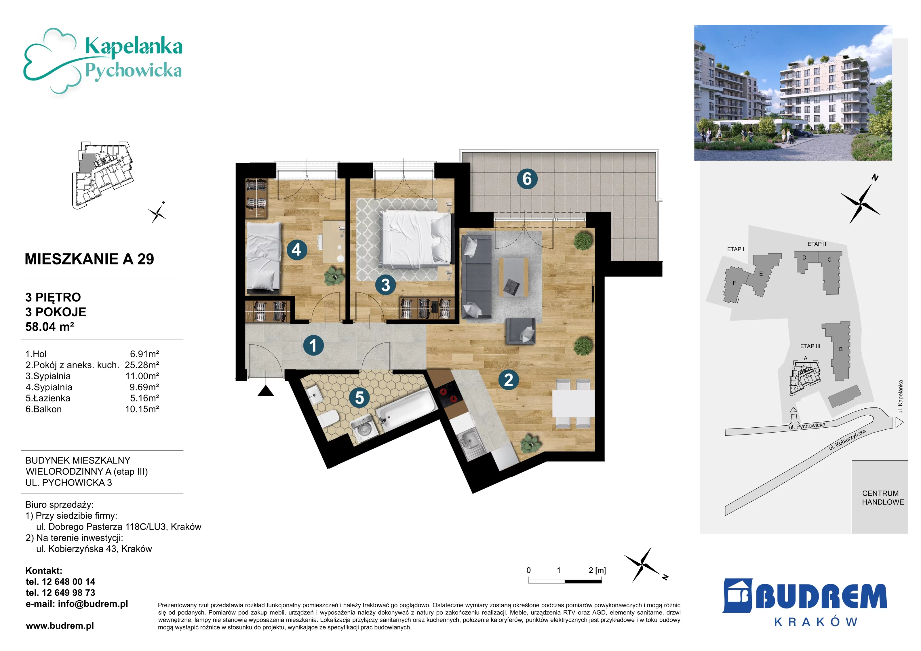 3 pokoje, mieszkanie 58,04 m², piętro 3, oferta nr A29, Kapelanka – Pychowicka - Budynek AB, Kraków, Dębniki, Zakrzówek, ul. Pychowicka 3 / 3A