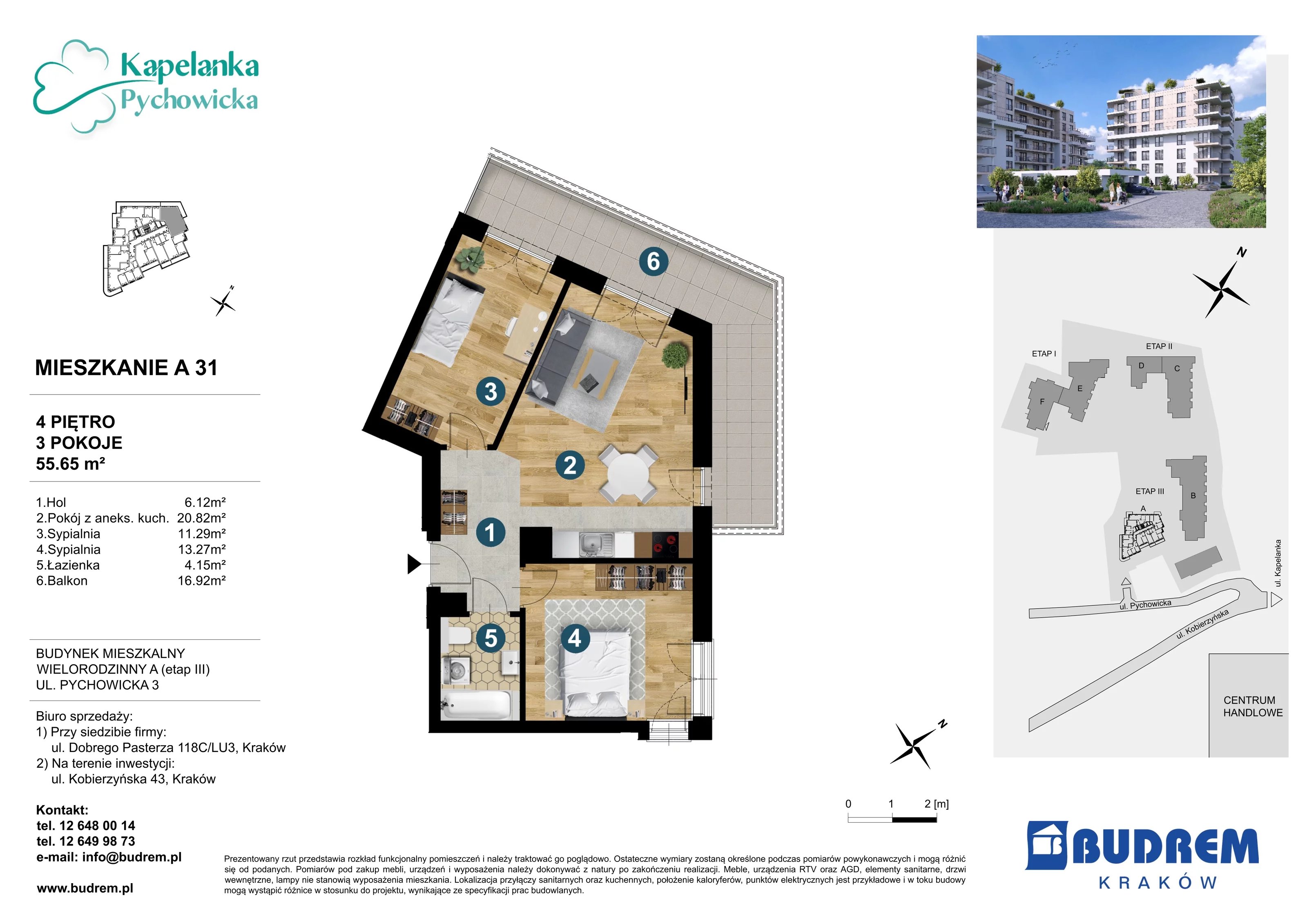 3 pokoje, mieszkanie 55,65 m², piętro 4, oferta nr A31, Kapelanka – Pychowicka - Budynek AB, Kraków, Dębniki, Zakrzówek, ul. Pychowicka 3 / 3A