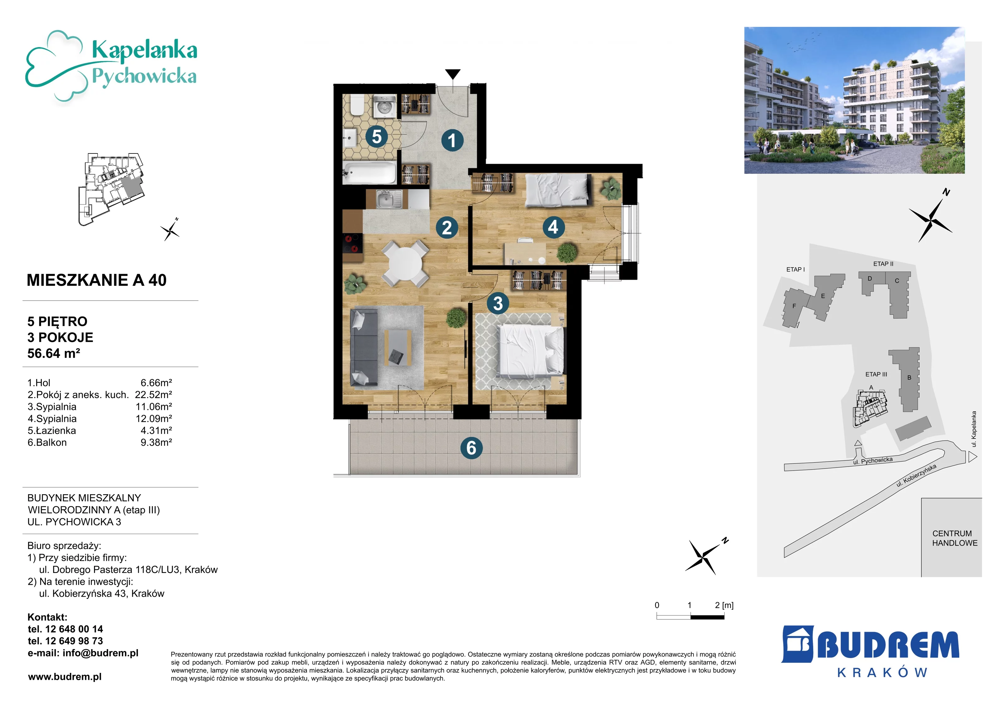 3 pokoje, mieszkanie 56,64 m², piętro 5, oferta nr A40, Kapelanka – Pychowicka - Budynek AB, Kraków, Dębniki, Zakrzówek, ul. Pychowicka 3 / 3A