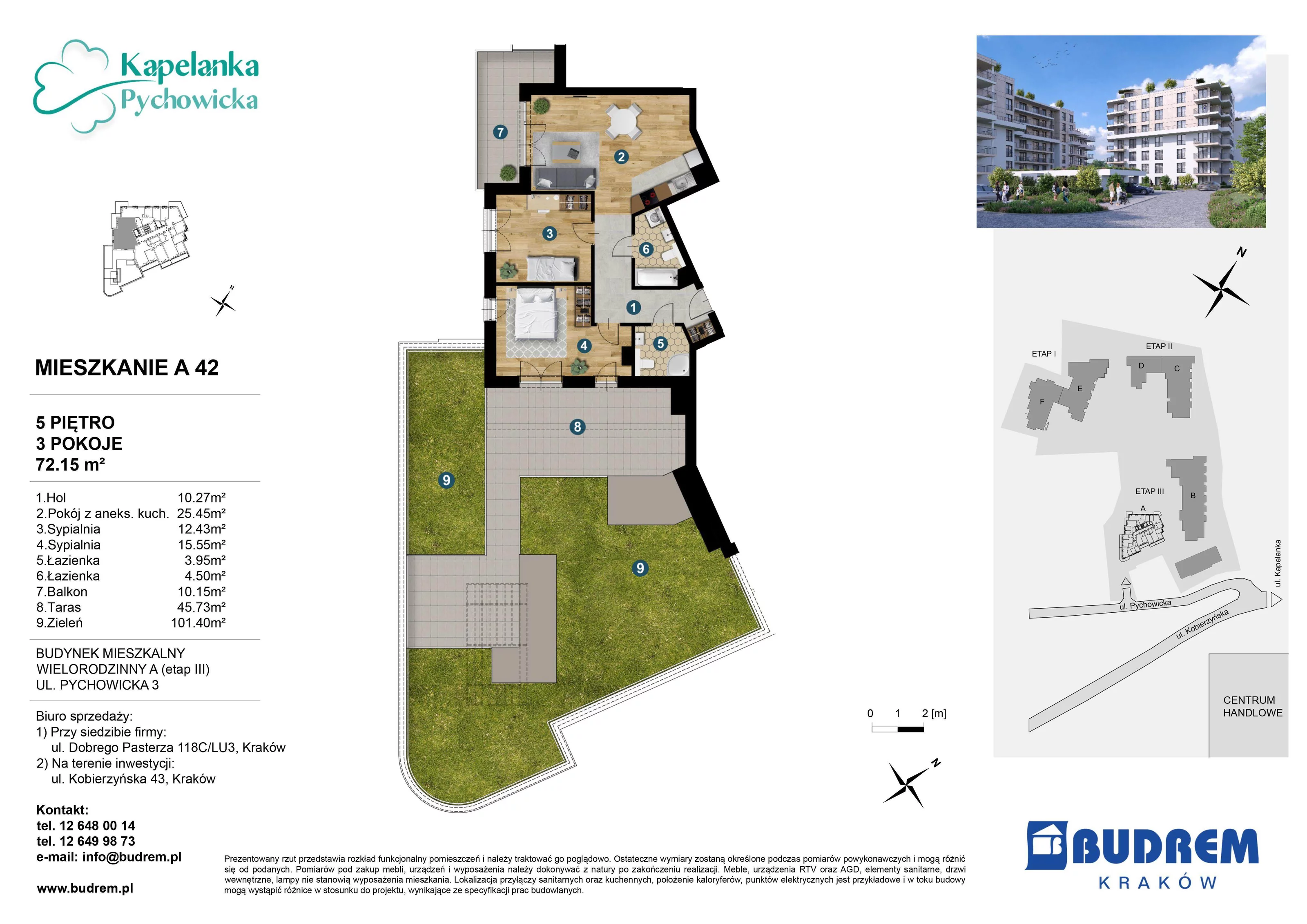 3 pokoje, mieszkanie 72,15 m², piętro 5, oferta nr A42, Kapelanka – Pychowicka - Budynek AB, Kraków, Dębniki, Zakrzówek, ul. Pychowicka 3 / 3A