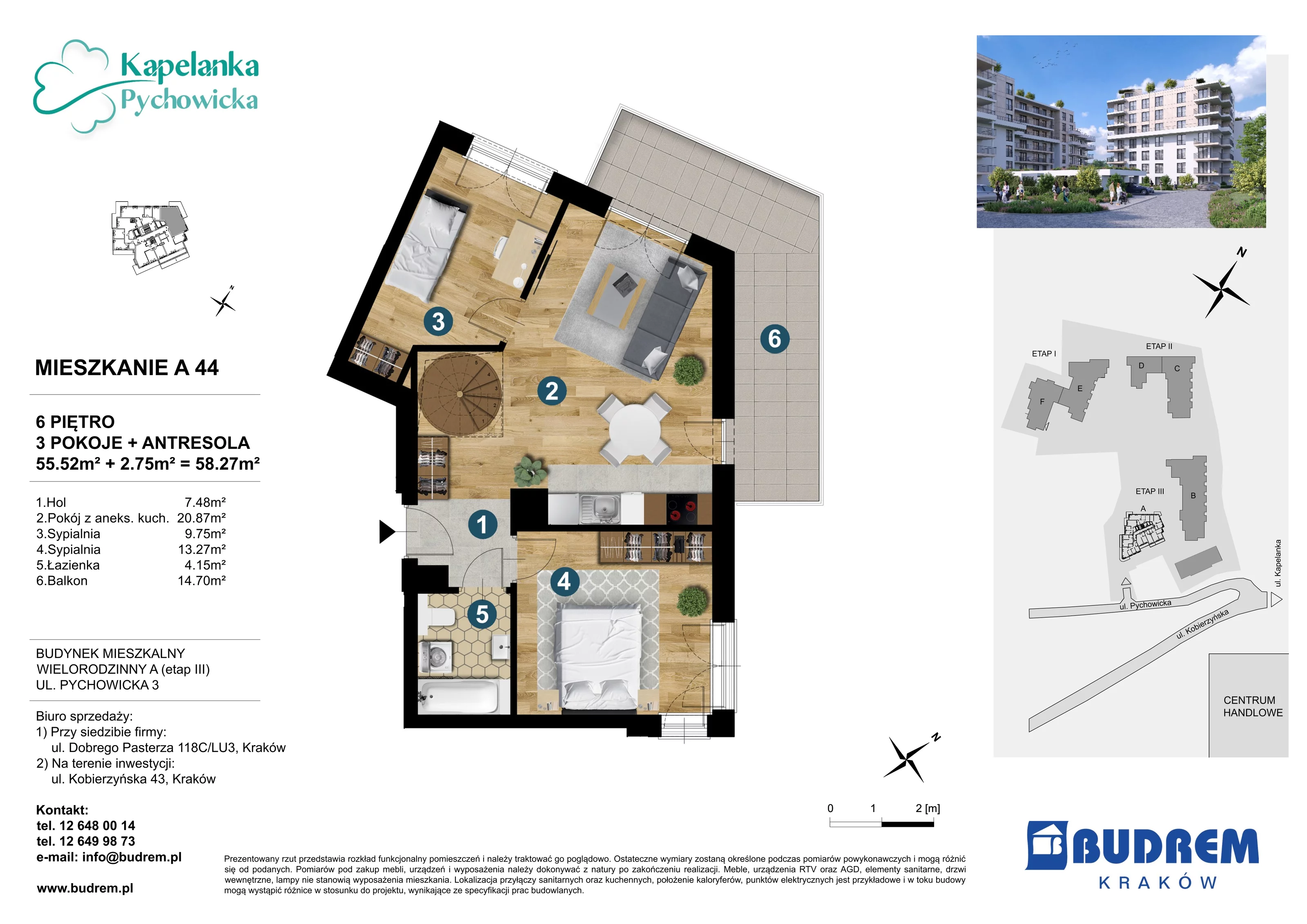 3 pokoje, mieszkanie 58,27 m², piętro 6, oferta nr A44, Kapelanka – Pychowicka - Budynek AB, Kraków, Dębniki, Zakrzówek, ul. Pychowicka 3 / 3A