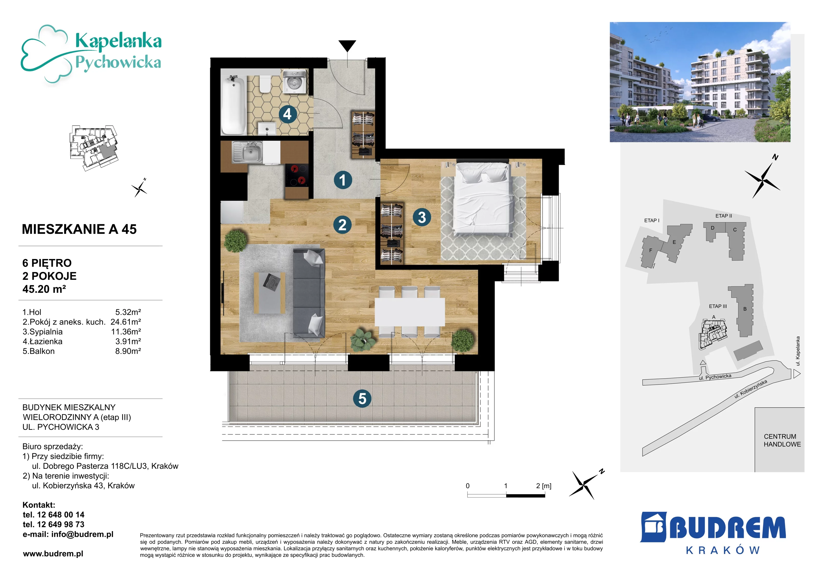 2 pokoje, mieszkanie 45,20 m², piętro 6, oferta nr A45, Kapelanka – Pychowicka - Budynek AB, Kraków, Dębniki, Zakrzówek, ul. Pychowicka 3 / 3A