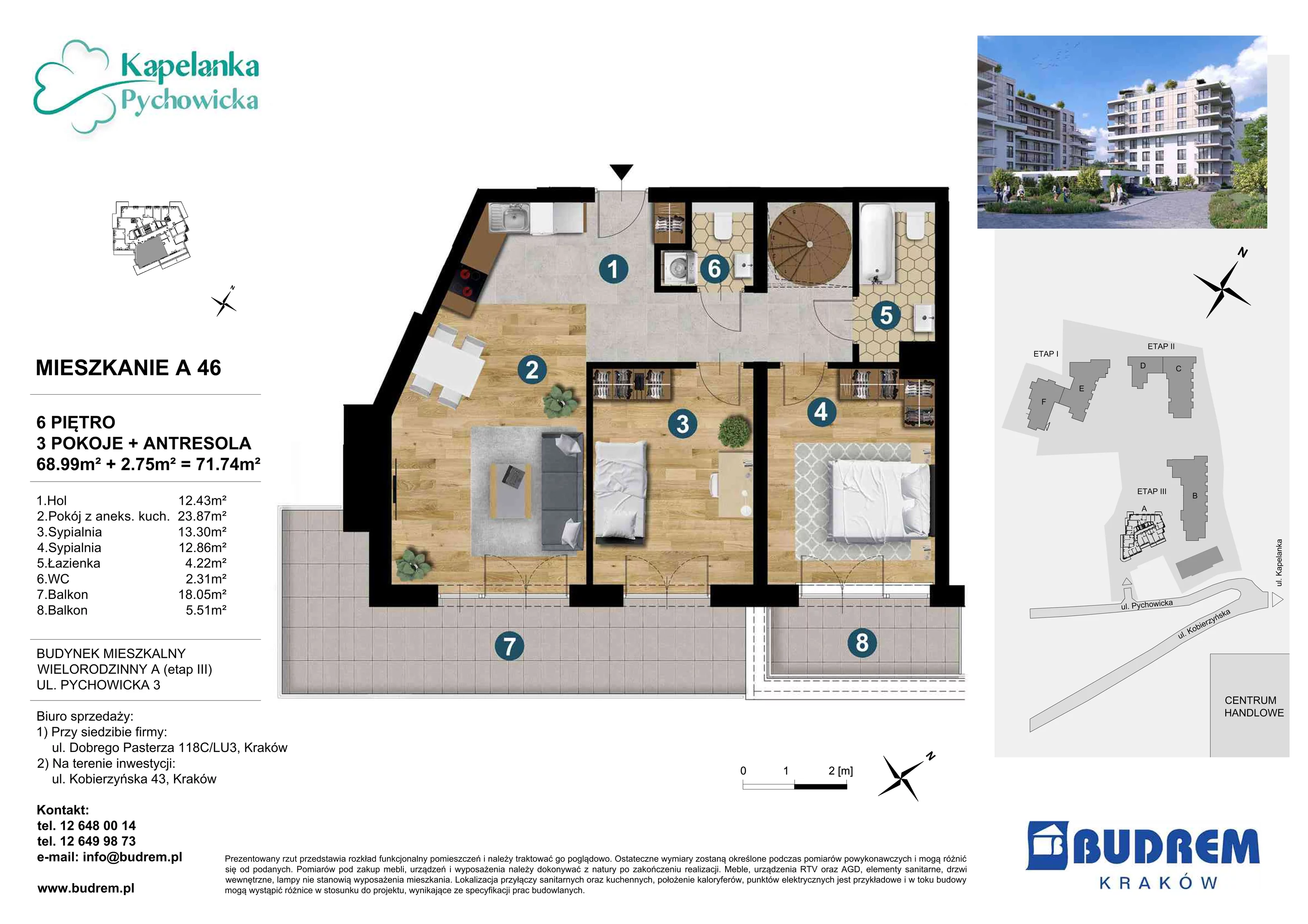3 pokoje, mieszkanie 71,74 m², piętro 6, oferta nr A46, Kapelanka – Pychowicka - Budynek AB, Kraków, Dębniki, Zakrzówek, ul. Pychowicka 3 / 3A