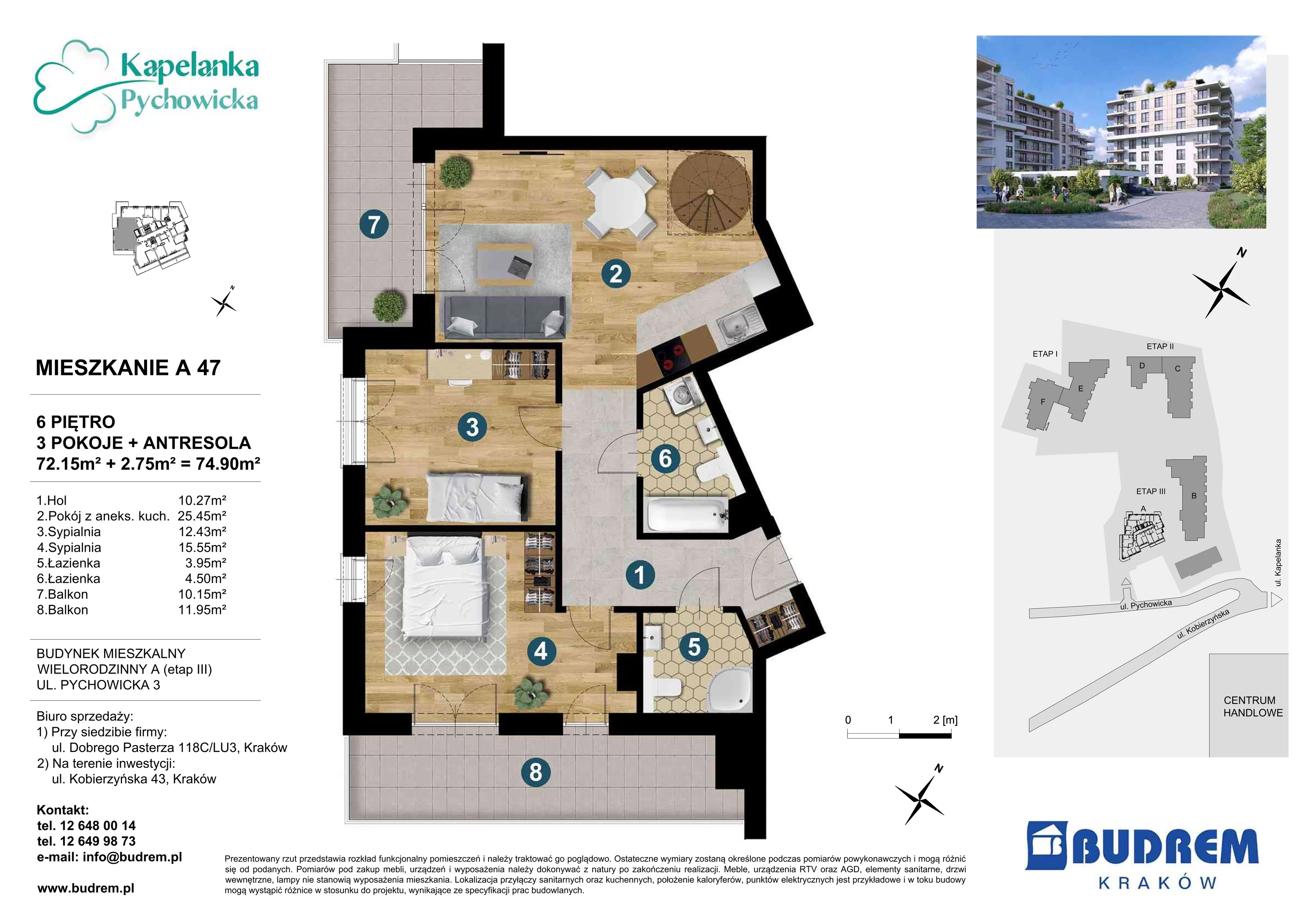 3 pokoje, mieszkanie 74,90 m², piętro 6, oferta nr A47, Kapelanka – Pychowicka - Budynek AB, Kraków, Dębniki, Zakrzówek, ul. Pychowicka 3 / 3A