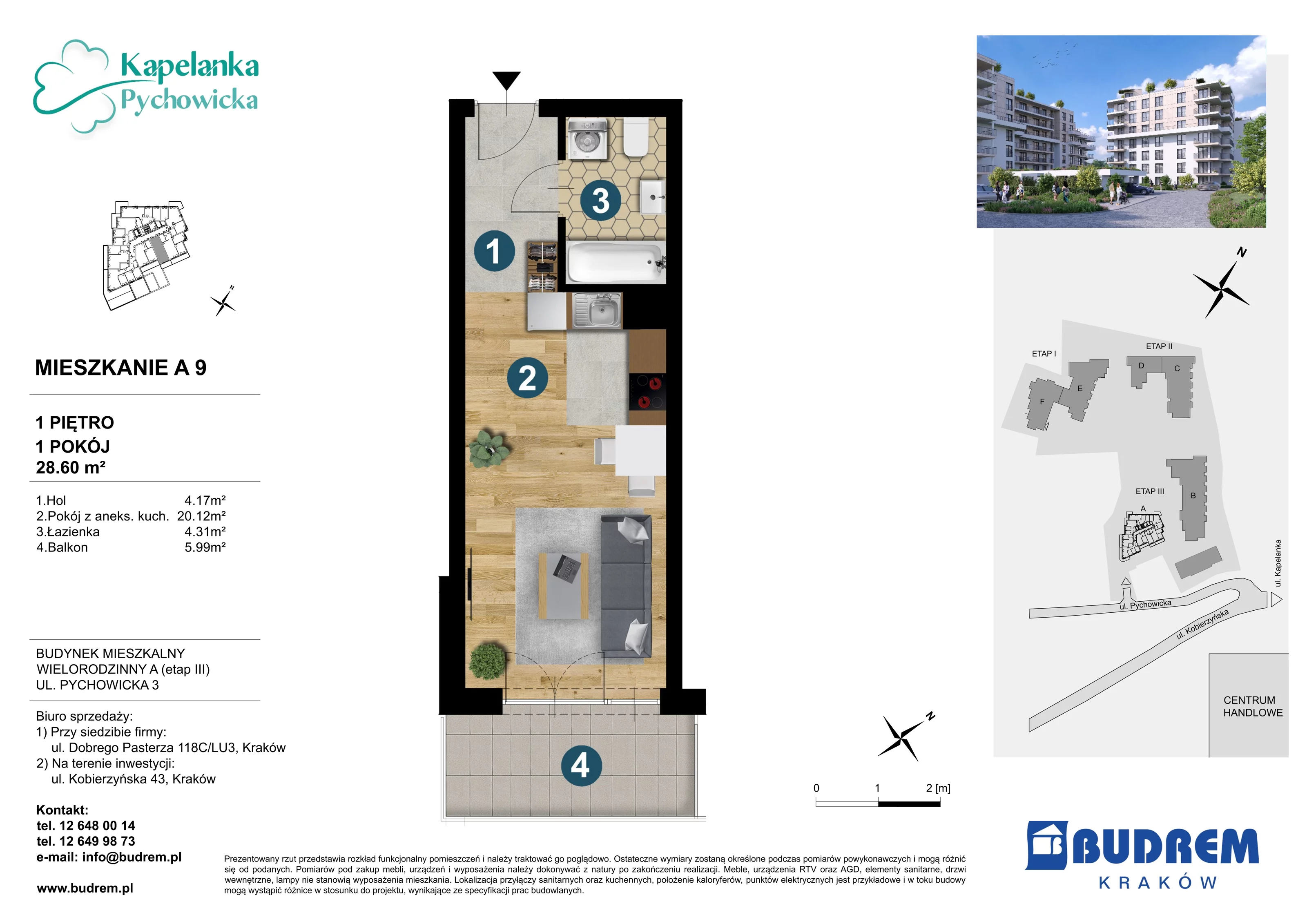1 pokój, mieszkanie 28,60 m², piętro 1, oferta nr A9, Kapelanka – Pychowicka - Budynek AB, Kraków, Dębniki, Zakrzówek, ul. Pychowicka 3 / 3A