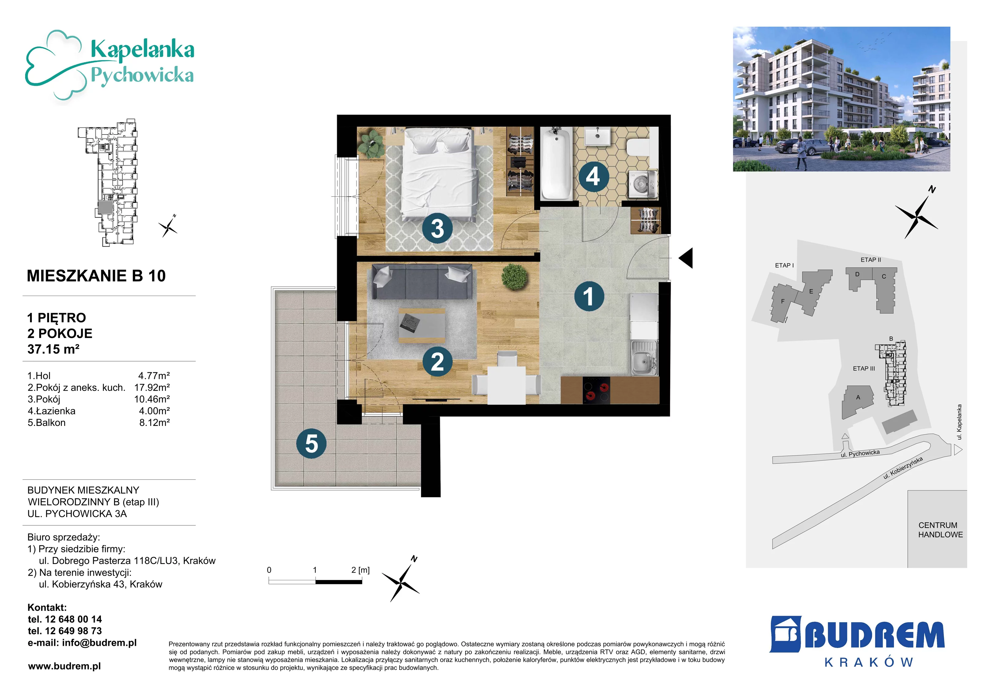 Mieszkanie 37,15 m², piętro 1, oferta nr B10, Kapelanka – Pychowicka - Budynek B, Kraków, Dębniki, Zakrzówek, ul. Pychowicka 3 / 3A